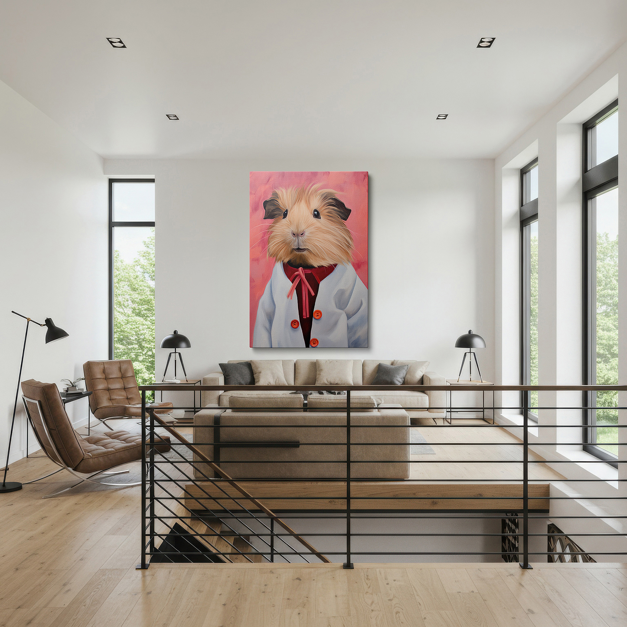Bathed in morning sunlight streaming through sheer curtains — whimsical guinea pig in stylish outfit on soft pink background - large canvas wall art for office, bedroom, and living room decor