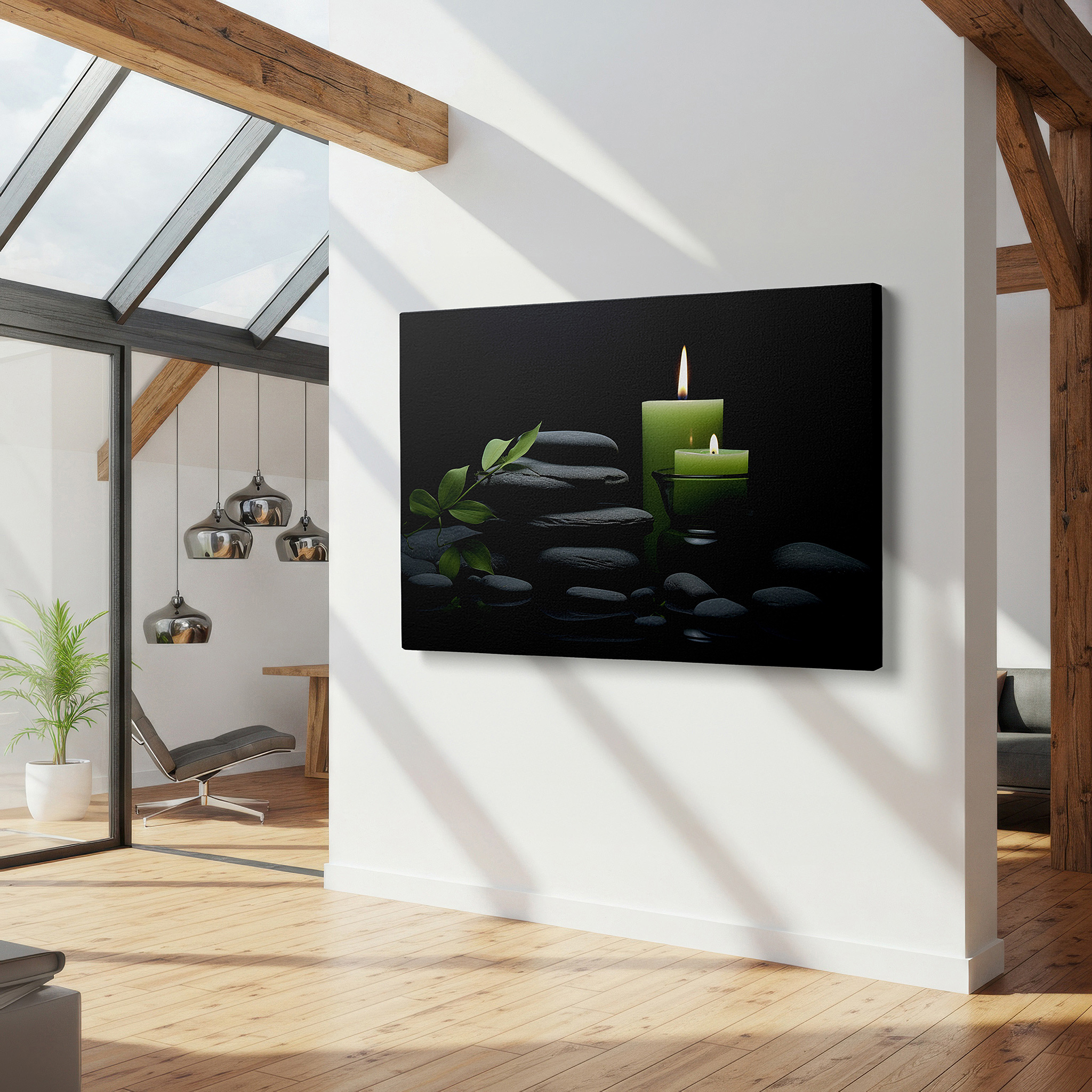 Bathed in morning sunlight streaming through sheer curtains — zen-inspired wall art featuring candles, stones, and subtle green accents for mindful relaxation - perfect for office decor, large canvas wall art