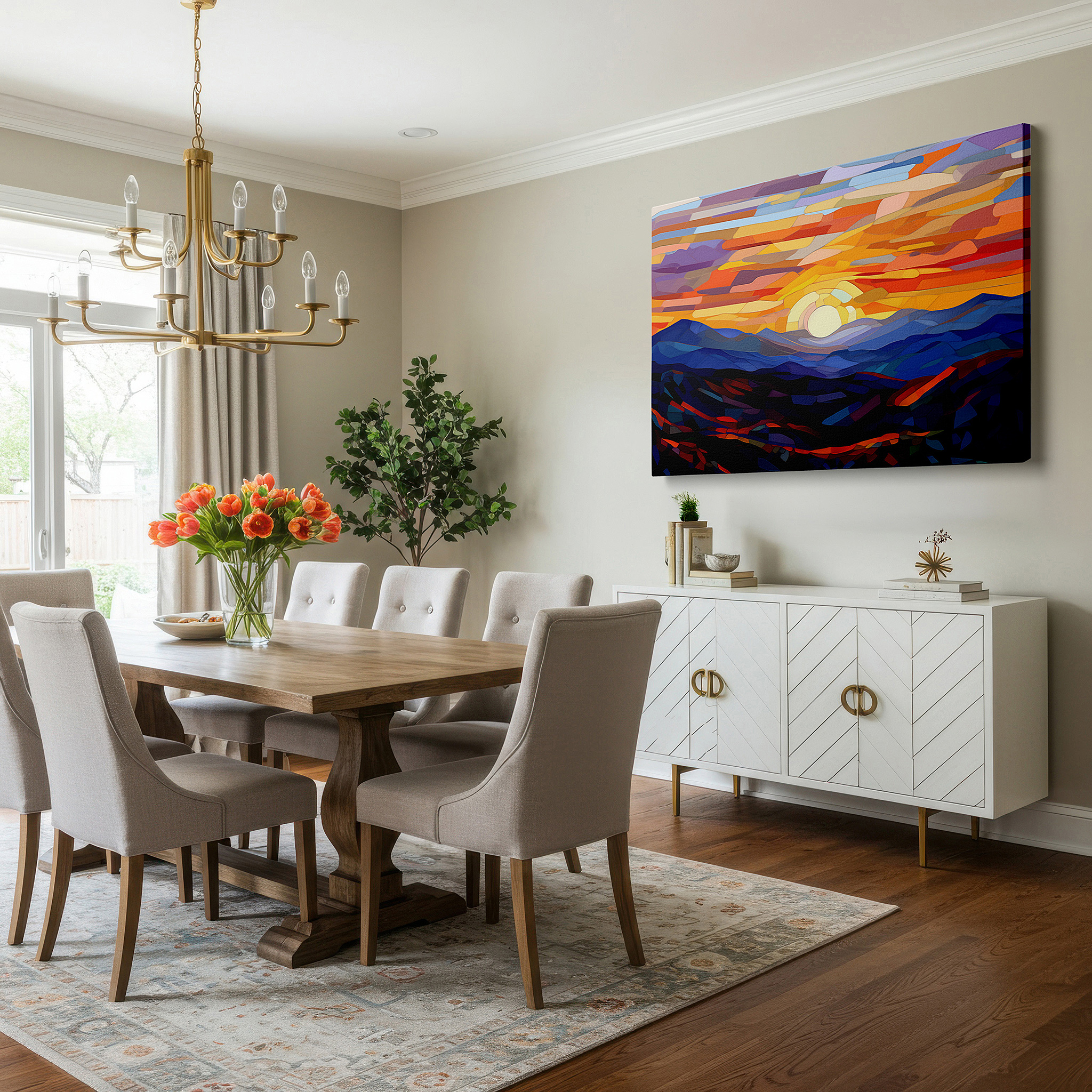 Bold and expansive at 90×60 cm — ideal for making a statement above large furniture — abstract mountain sunset large canvas wall art, ideal for office, bedroom, and living room decor