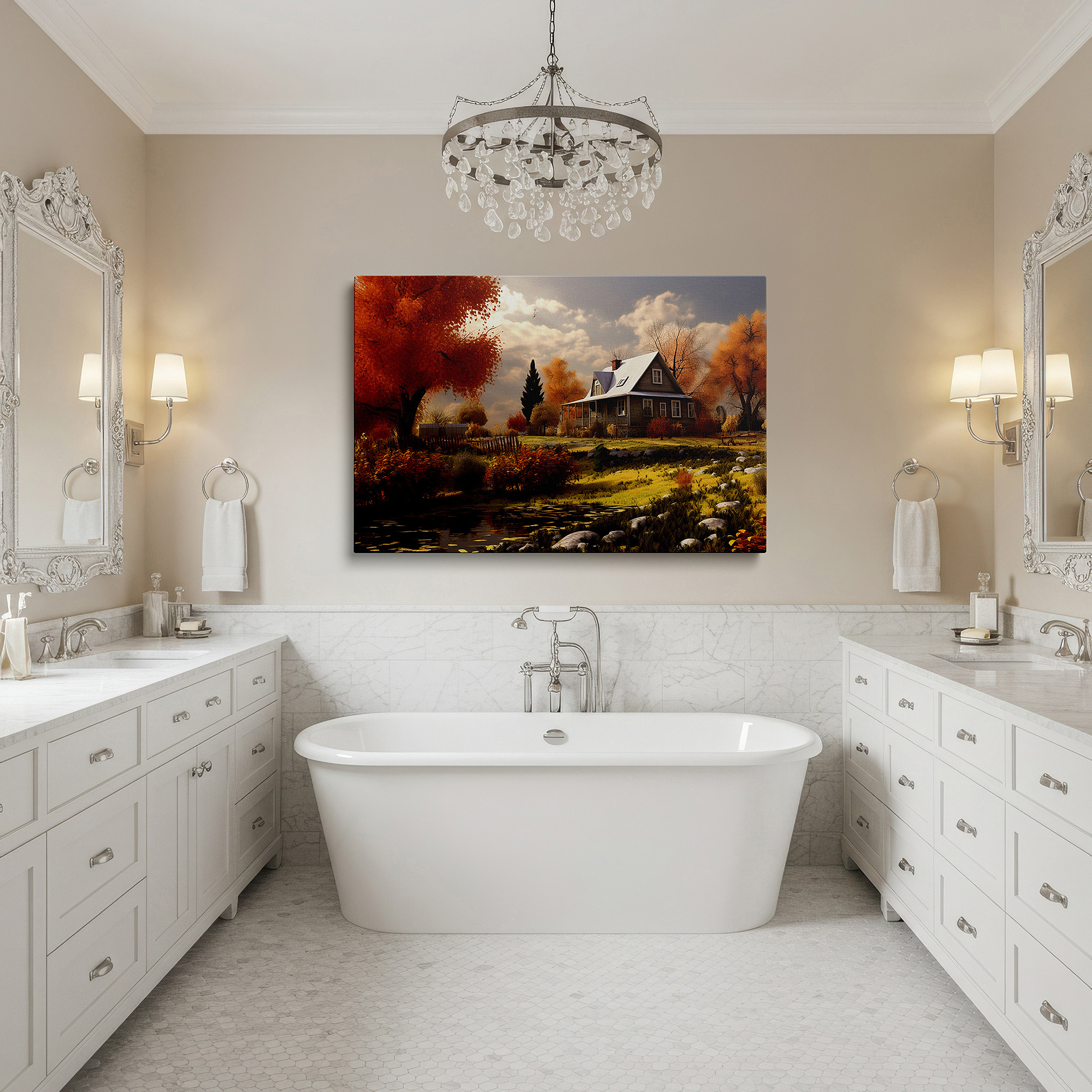 Bold and expansive at 90×60 cm — ideal for making a statement above large furniture — autumn embrace in a peaceful countryside scene with a cozy house large wall art, canvas wall decor, office and bedroom wall art