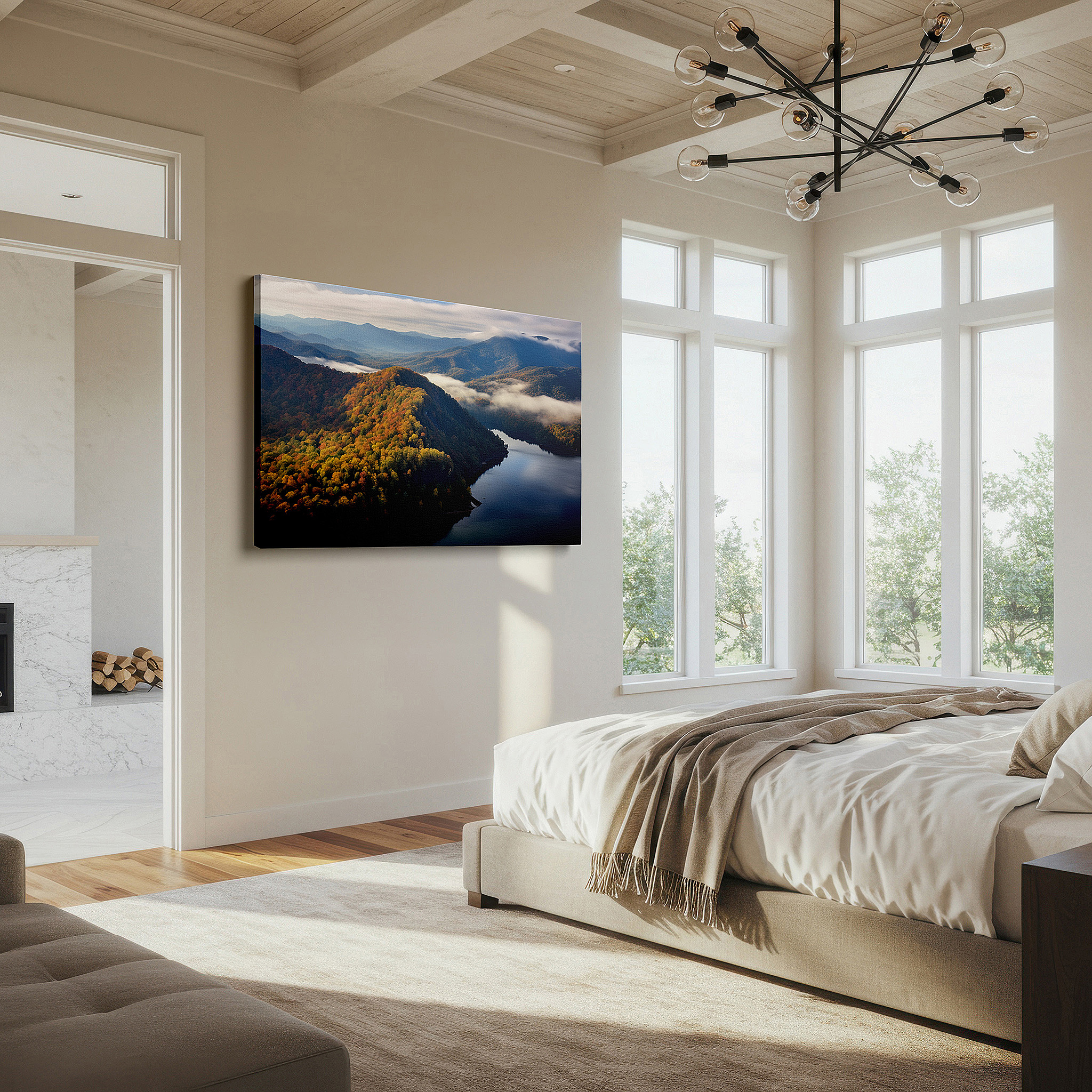 Bold and expansive at 90×60 cm — ideal for making a statement above large furniture — autumn majesty from above: vibrant mountain and serene water landscape - large canvas wall art decor