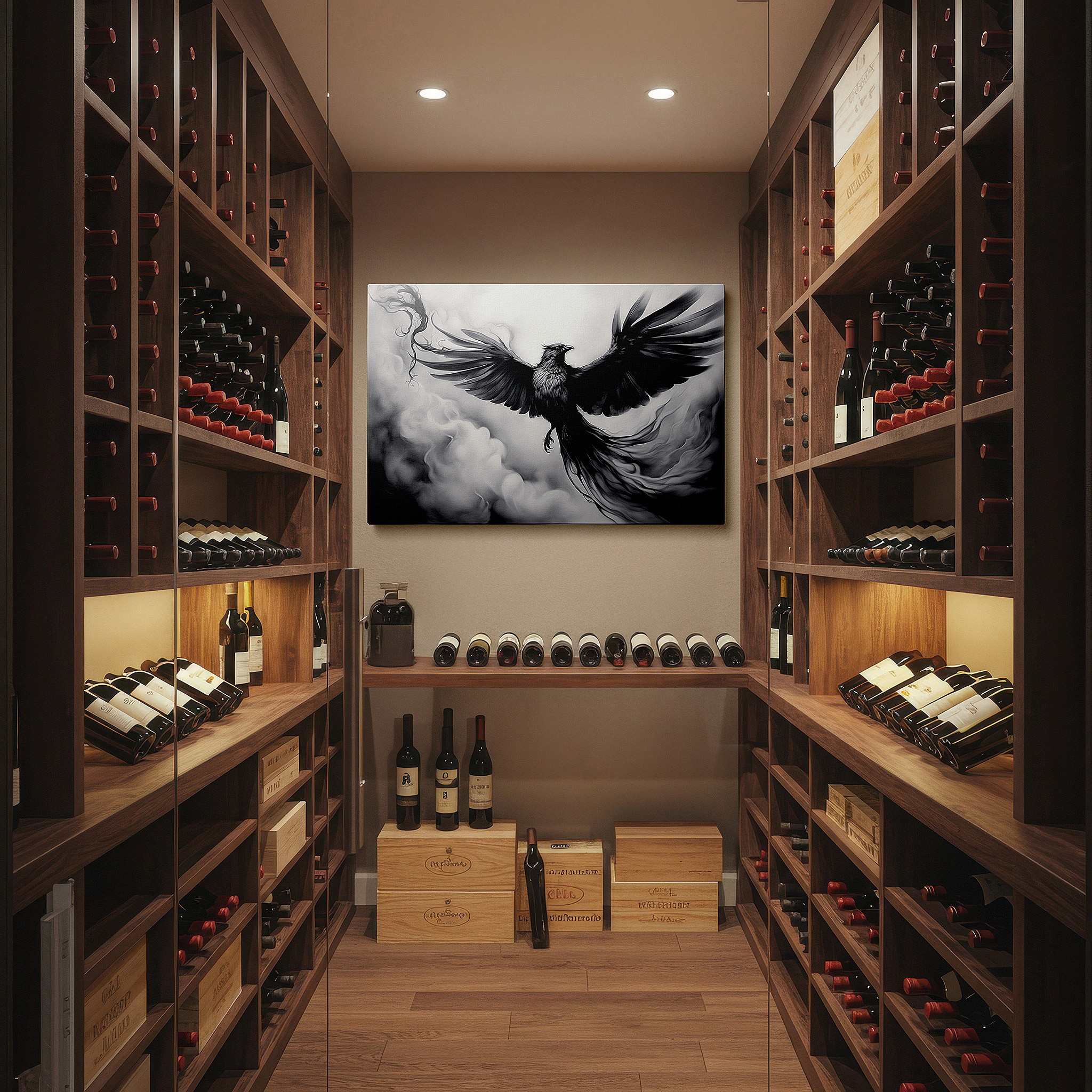 Bold and expansive at 90×60 cm — ideal for making a statement above large furniture — black bird soaring in monochrome sky: symbol of freedom and nature's power - large canvas wall art for office decor