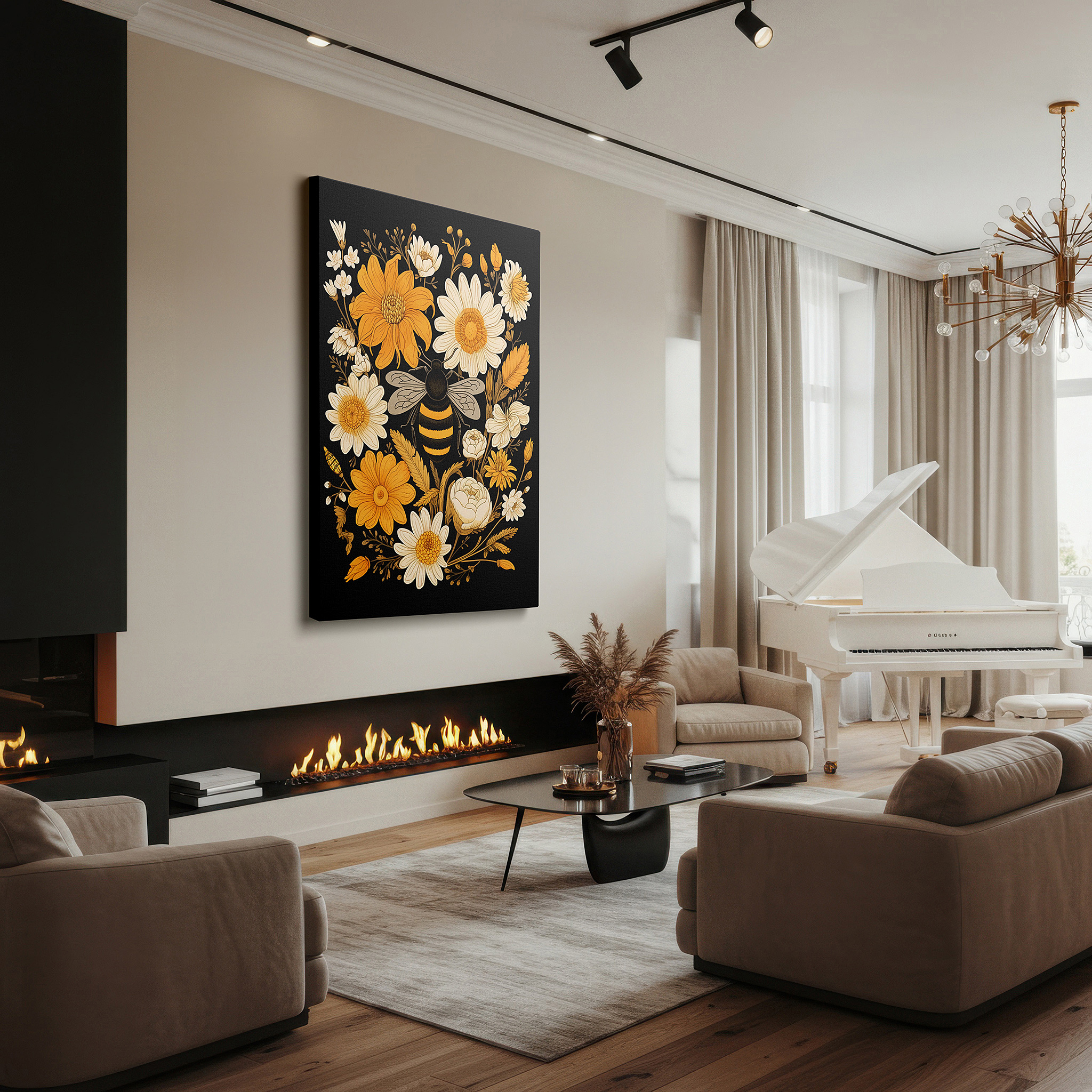 Bold and expansive at 90×60 cm — ideal for making a statement above large furniture — bright yellow flowers and essential bees: a display of nature's fragile harmony - large wall art, canvas wall art, wall decor for office
