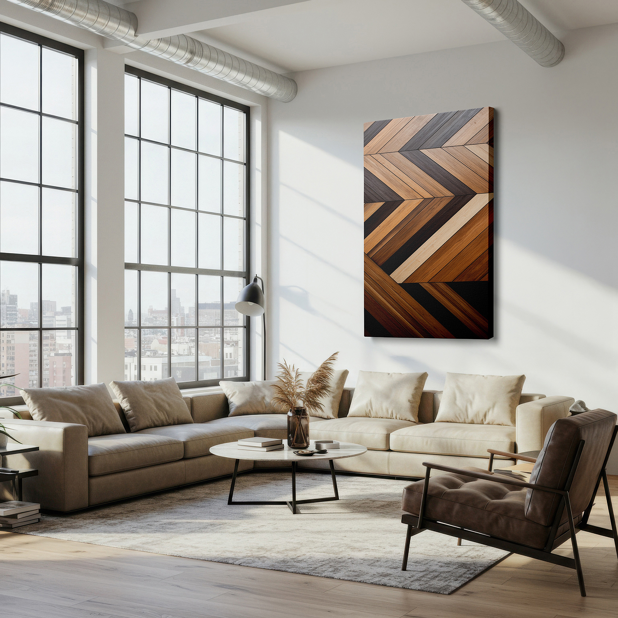 Bold and expansive at 90×60 cm — ideal for making a statement above large furniture — chevron mastery in natural wood tones: a captivating blend of rich browns and creamy beiges - large wall art, canvas wall art, wall decor for office