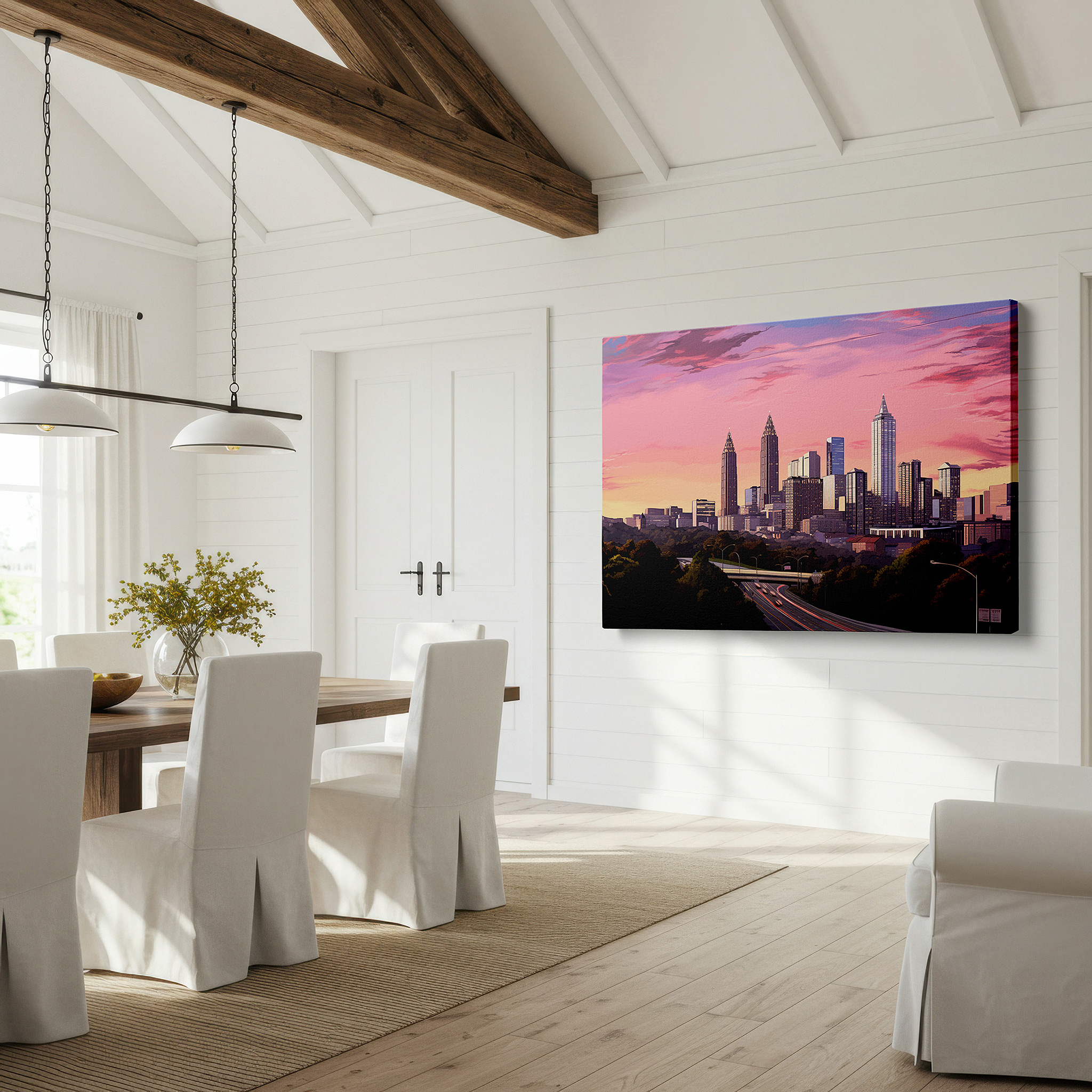 Bold and expansive at 90×60 cm — ideal for making a statement above large furniture — city skyline at dusk: a vivid display of urban energy and transition - large wall art, canvas wall art, wall decor for office and bedroom
