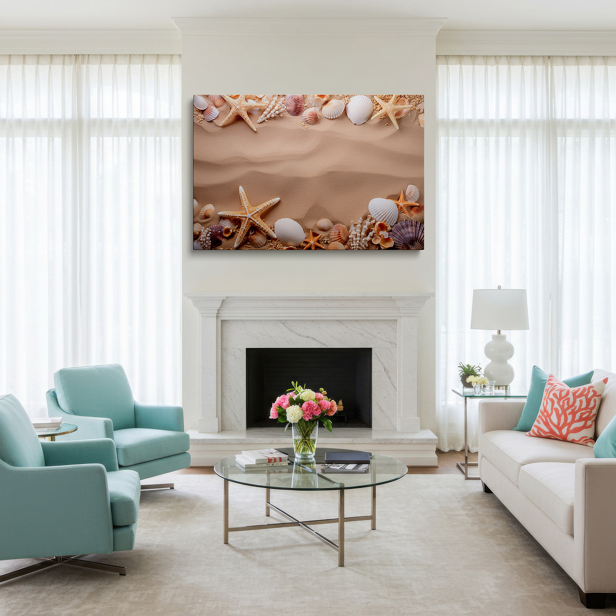 Bold and expansive at 90×60 cm — ideal for making a statement above large furniture — coastal-inspired wall art featuring seashells and starfish on a sandy background - perfect for living rooms, bedrooms, and offices