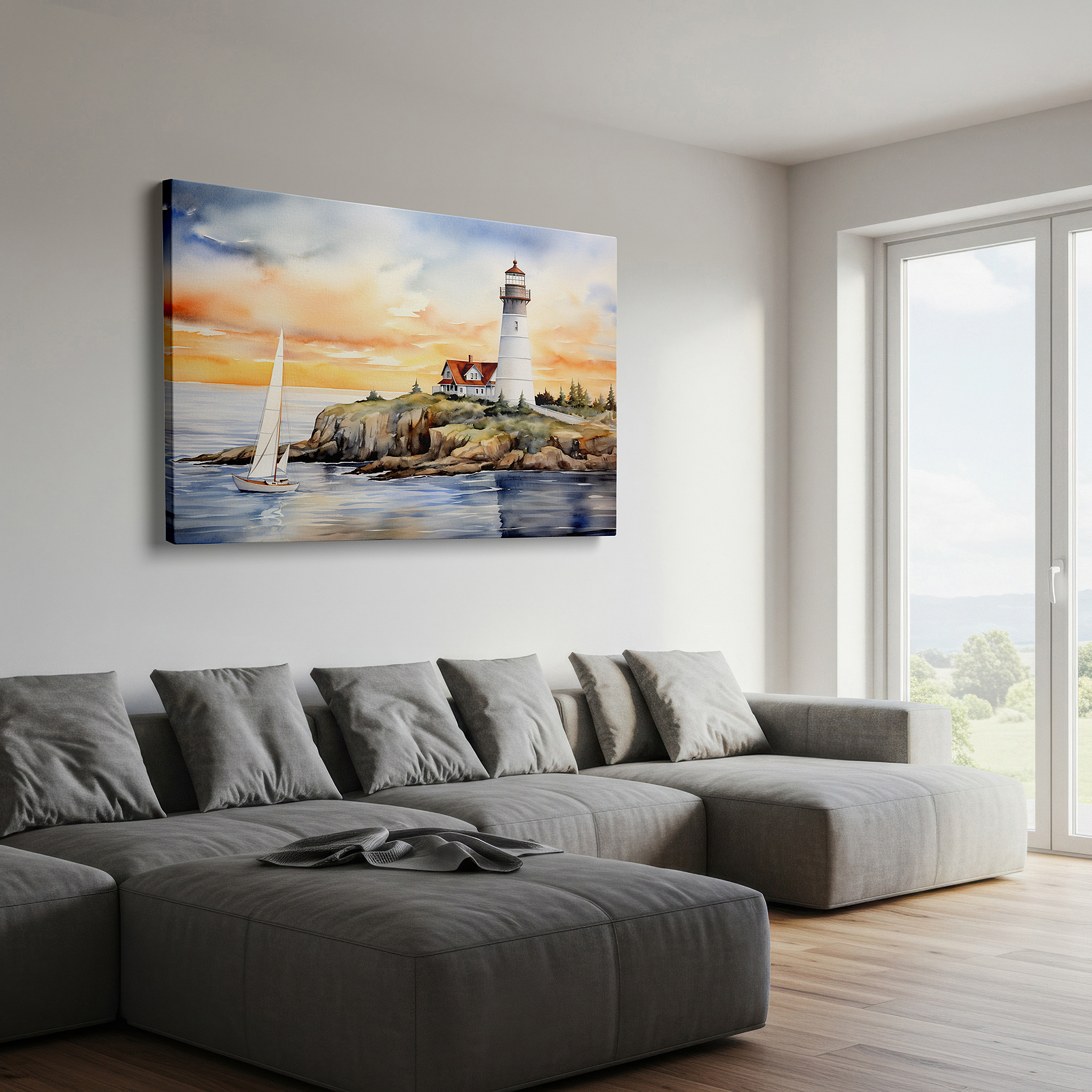 Bold and expansive at 90×60 cm — ideal for making a statement above large furniture — coastal sunset wall art featuring majestic lighthouse and elegant sailboat - large canvas for home or office decor