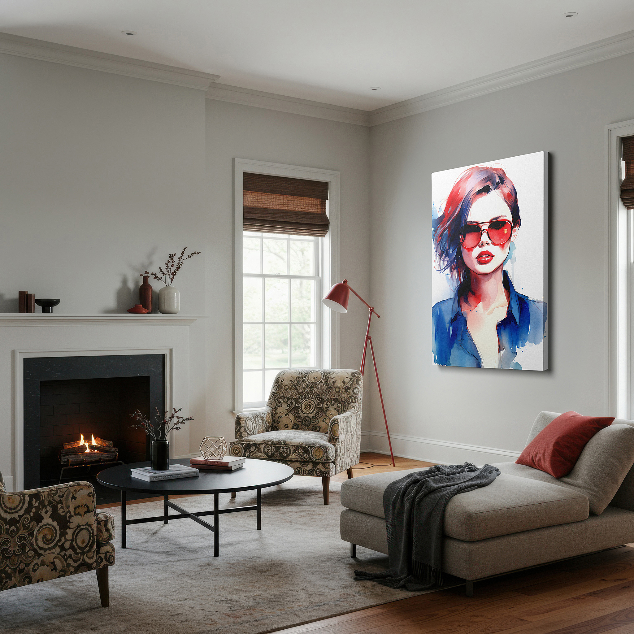 Bold and expansive at 90×60 cm — ideal for making a statement above large furniture — contemporary elegance meets watercolor art, showcasing a fashionable woman with vibrant red hair and trendy sunglasses, large canvas wall art