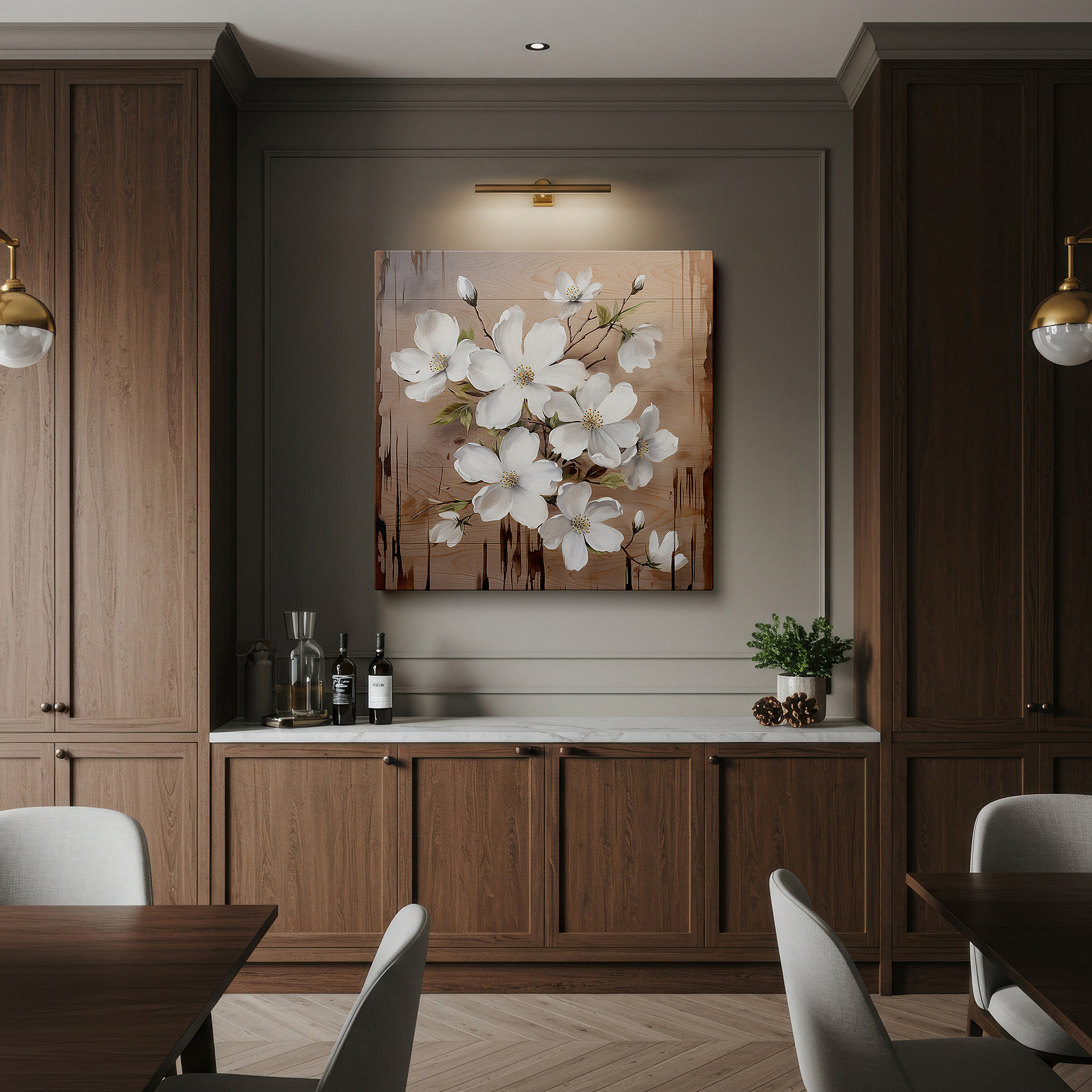 Bold and expansive at 90×60 cm — ideal for making a statement above large furniture — delicate white flowers on a rustic wooden board - a serene combination of natural beauty and artistic skill large wall art, canvas wall art, wall art decor