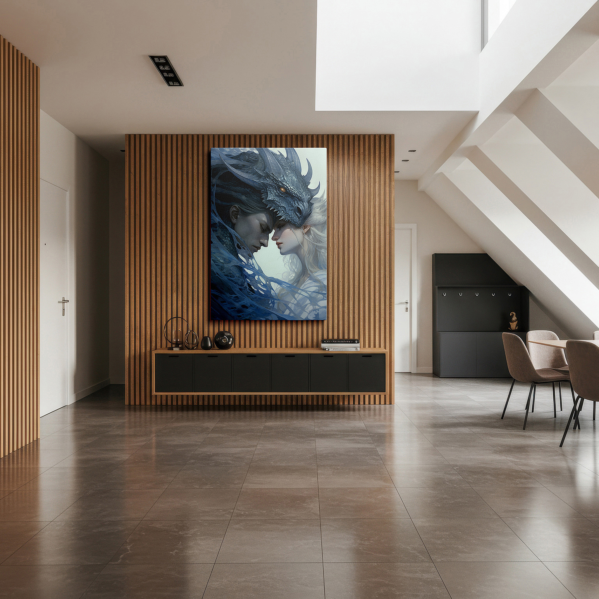Bold and expansive at 90×60 cm — ideal for making a statement above large furniture — dragon encounter canvas print: a mystical blend of power and serenity for home and office decor