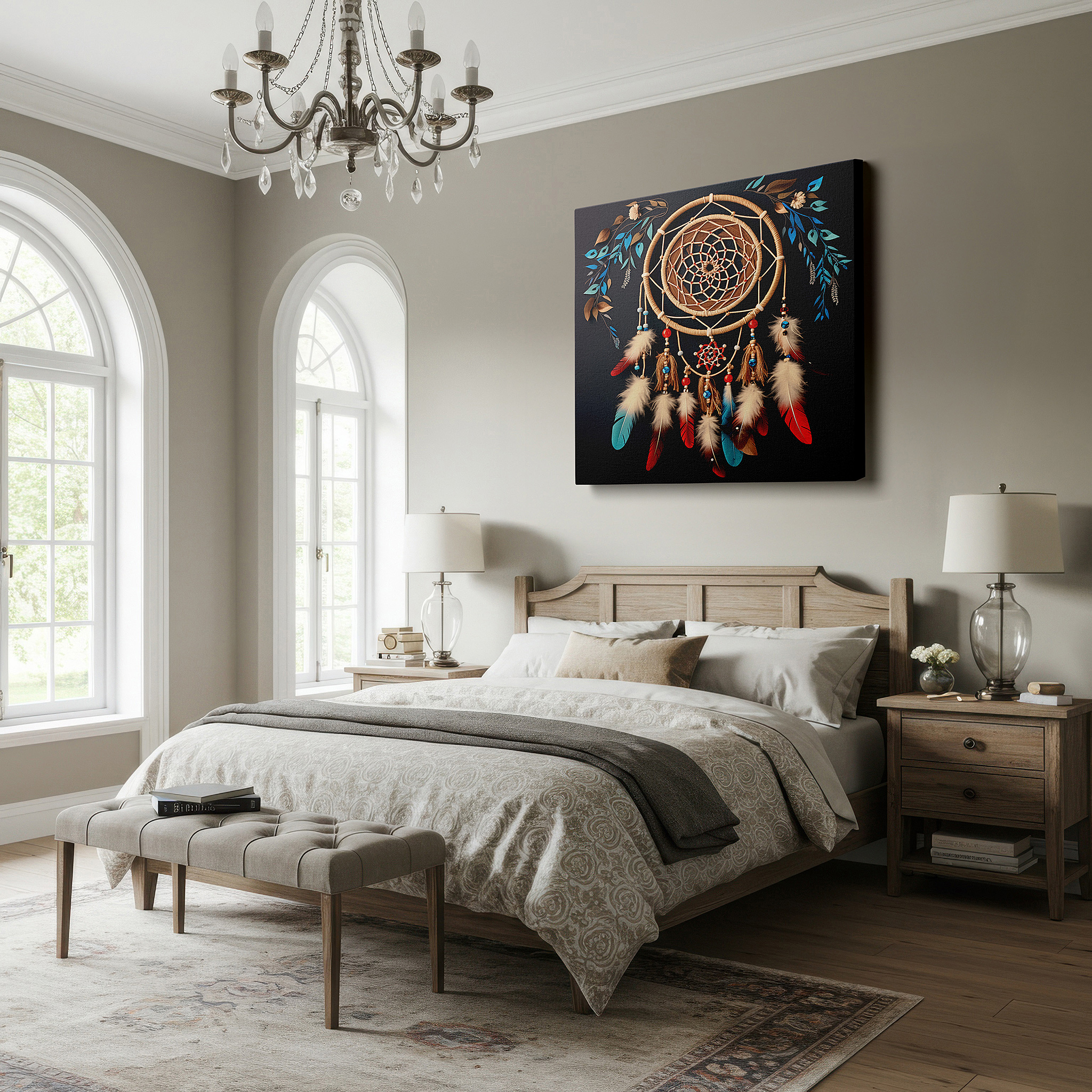 Bold and expansive at 90×60 cm — ideal for making a statement above large furniture — dreamcatcher wall art for bedroom: a masterpiece of protection and vibrant tradition. large canvas wall decor for office and bedroom.
