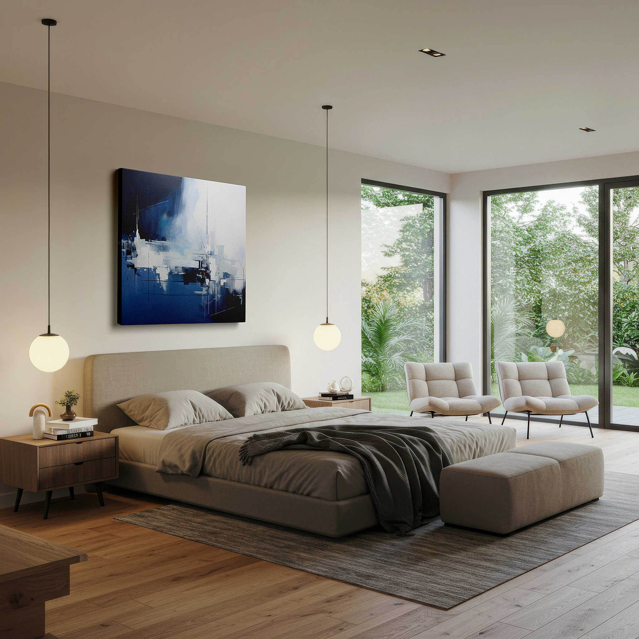 Bold and expansive at 90×60 cm — ideal for making a statement above large furniture — dynamic abstract dance of blue and white: a visual and intellectual feast - large canvas wall art for office and bedroom decor