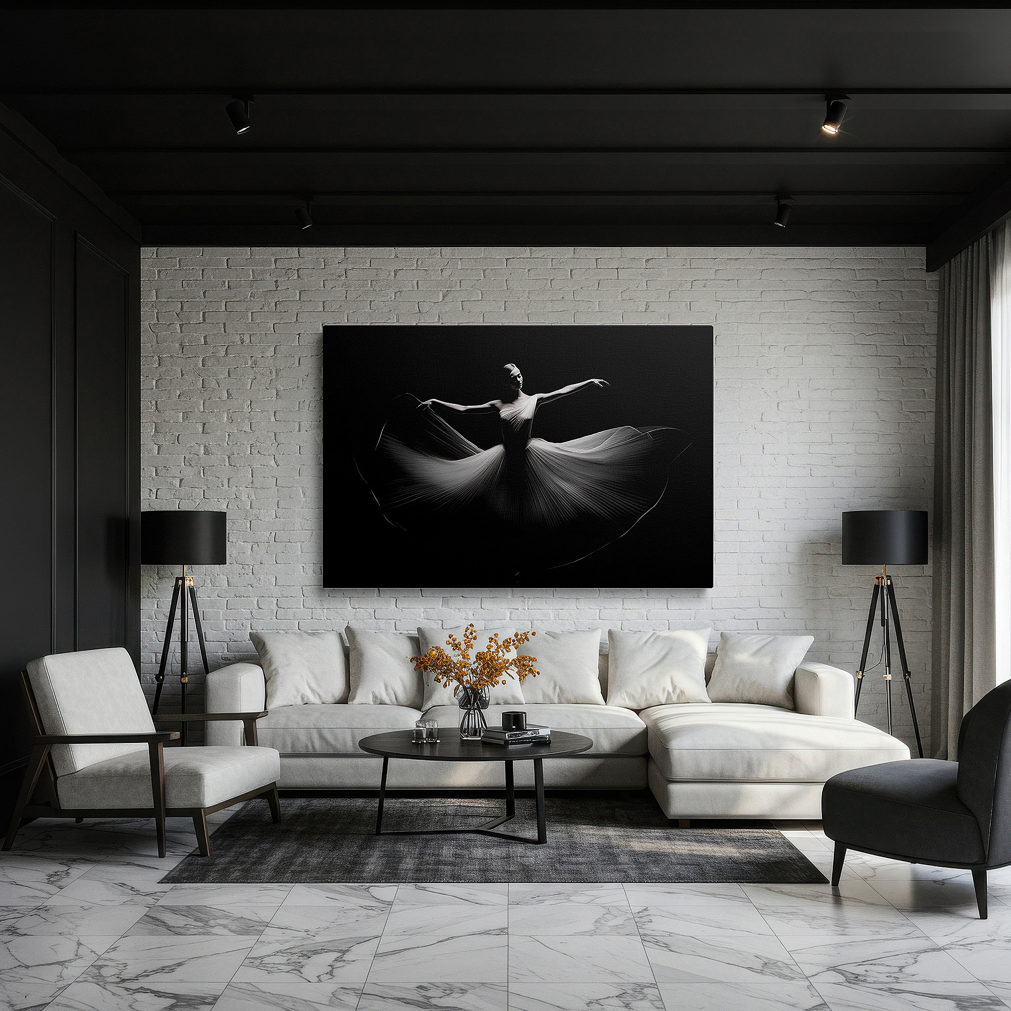 Bold and expansive at 90×60 cm — ideal for making a statement above large furniture — elegant dancer in motion: a symphony of fabric and light on a stark black background - large wall art, canvas wall art, wall decor