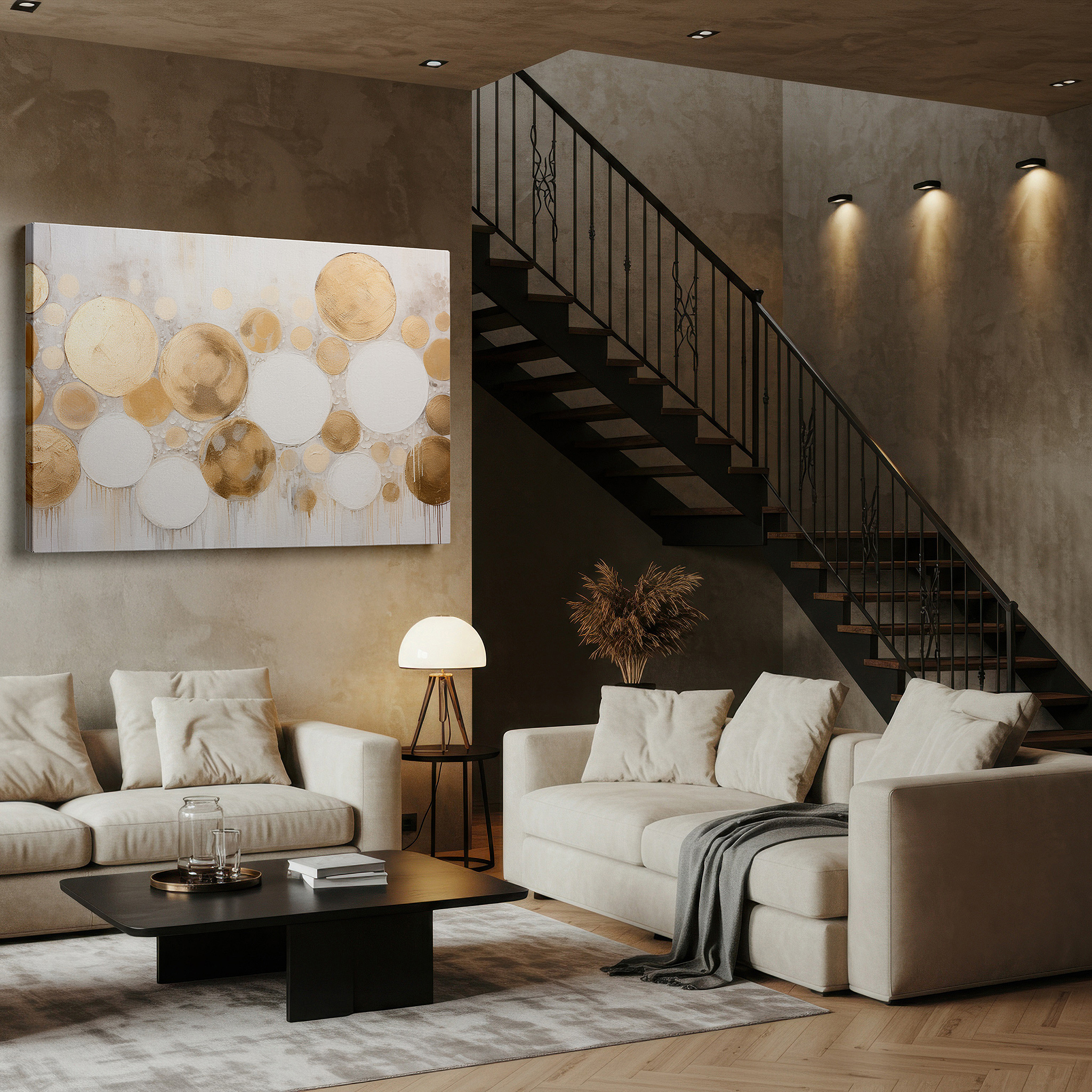 Bold and expansive at 90×60 cm — ideal for making a statement above large furniture — elegant and tranquil gold and white circles large wall art, canvas decor for office and bedroom