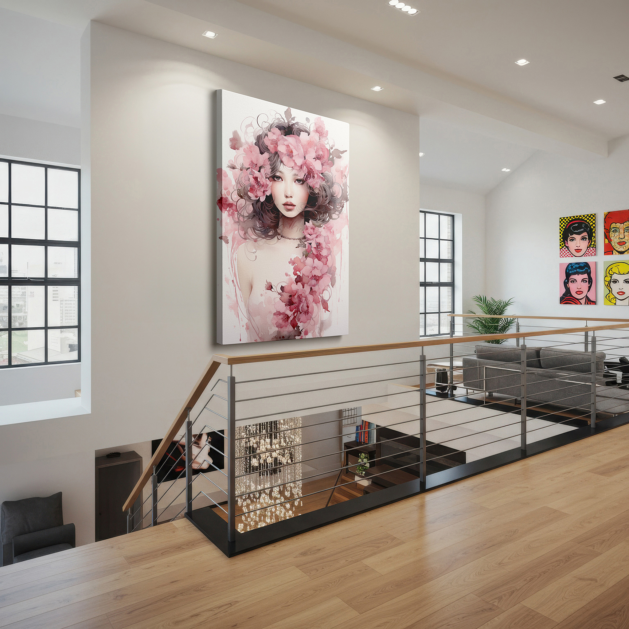 Bold and expansive at 90×60 cm — ideal for making a statement above large furniture — elegant woman adorned with pink floral crown, silky hair cascading like a waterfall - large canvas wall art for office and bedroom decor
