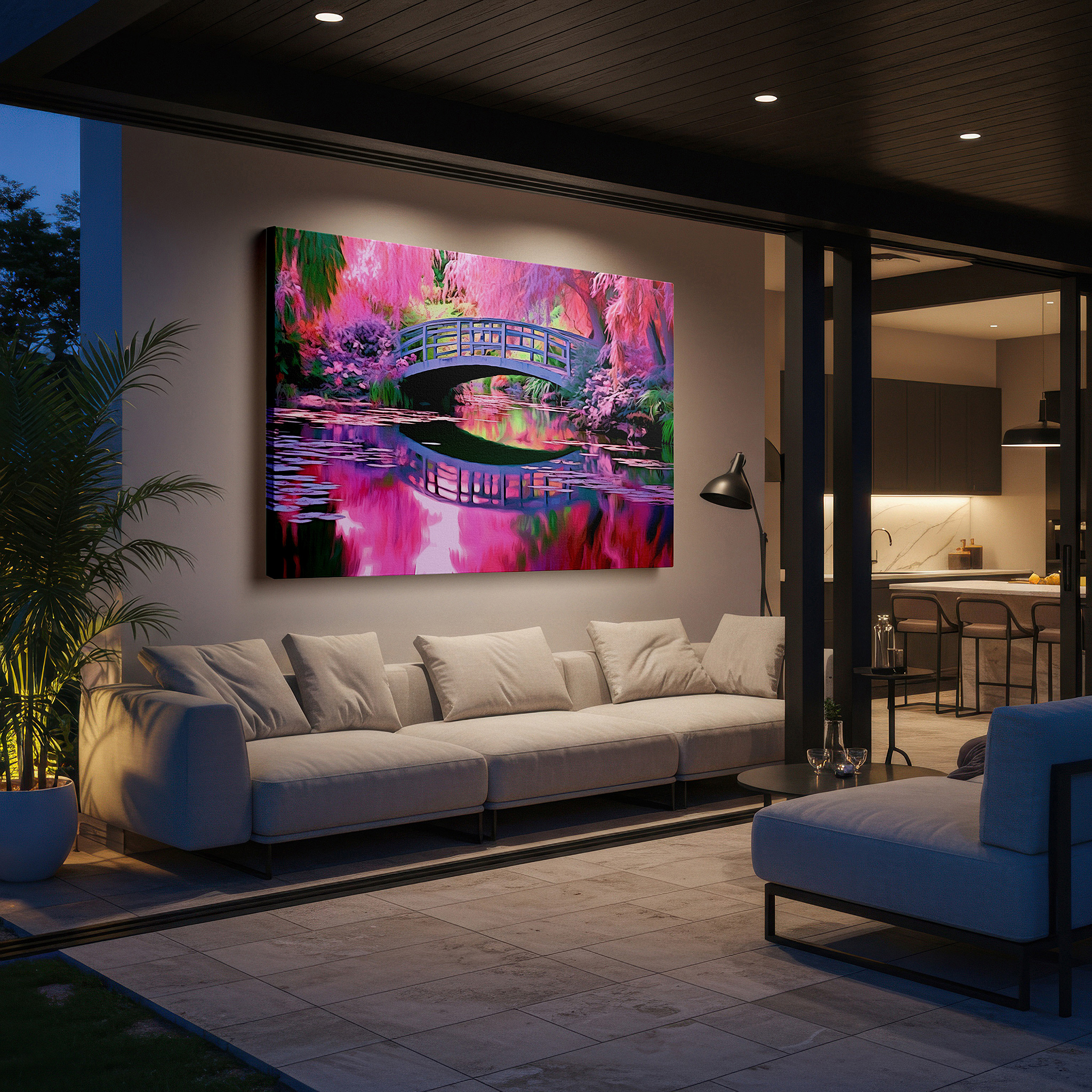 Bold and expansive at 90×60 cm — ideal for making a statement above large furniture — enchanted bridge surrounded by vibrant trees: a tranquil reflection of natural beauty - large canvas wall art for office and bedroom decor