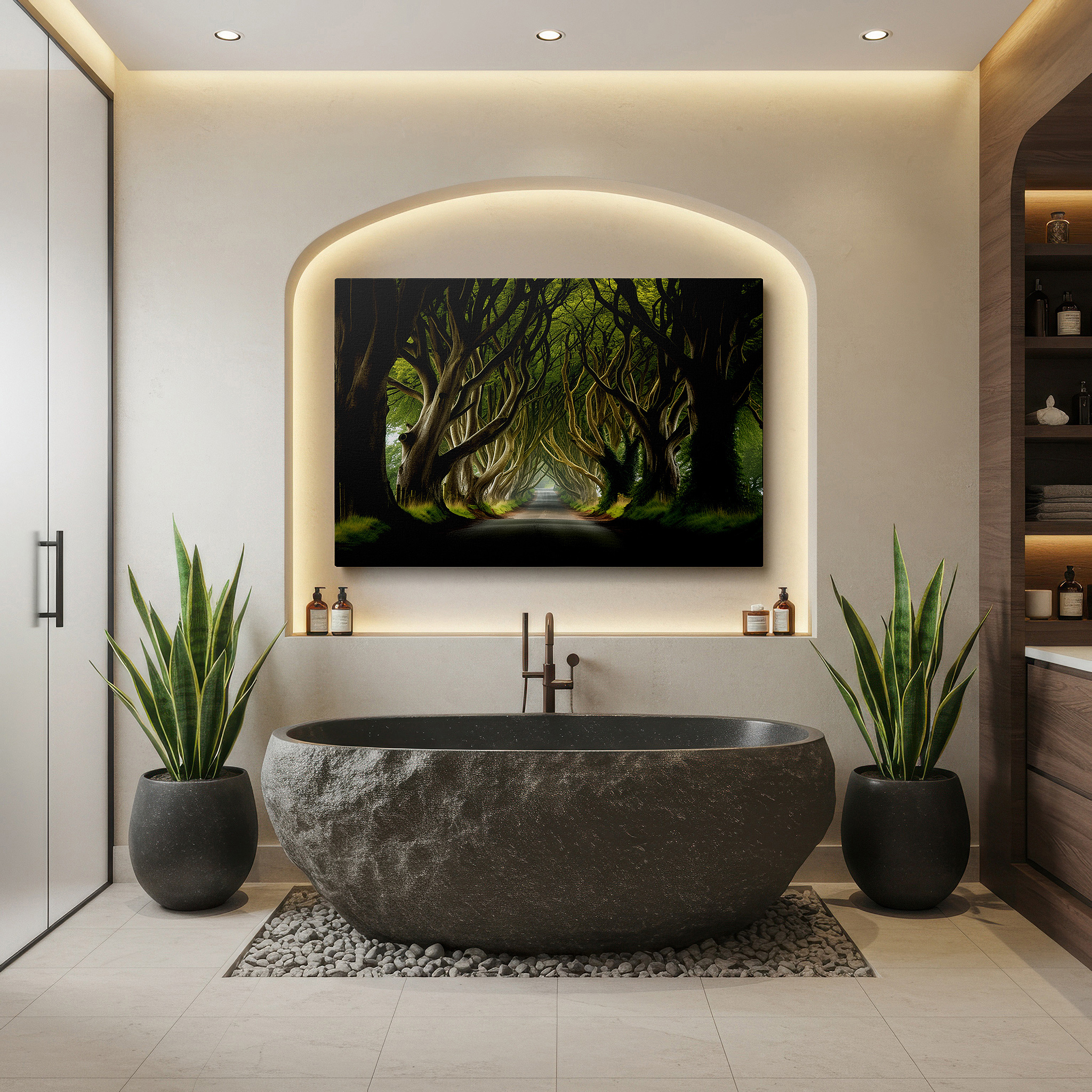 Bold and expansive at 90×60 cm — ideal for making a statement above large furniture — enchanted pathway amidst intertwined trees: tranquil nature journey large wall art, canvas wall art, wall decor for office