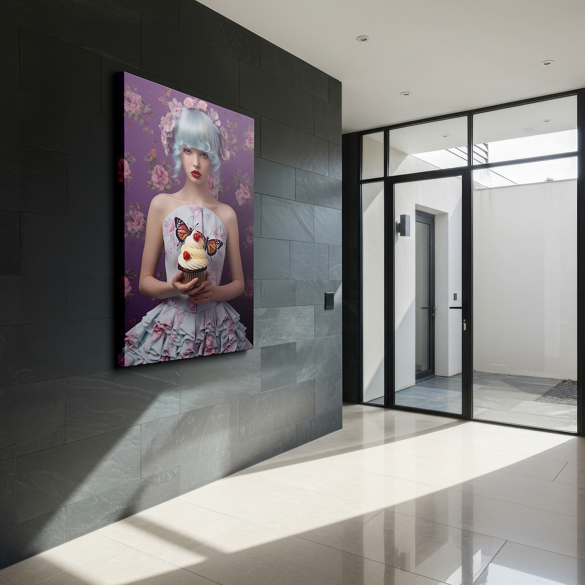Bold and expansive at 90×60 cm — ideal for making a statement above large furniture — enchanting elegance in pastel blue with floral whispers, featuring butterflies and a sweet cupcake, large canvas wall art decor