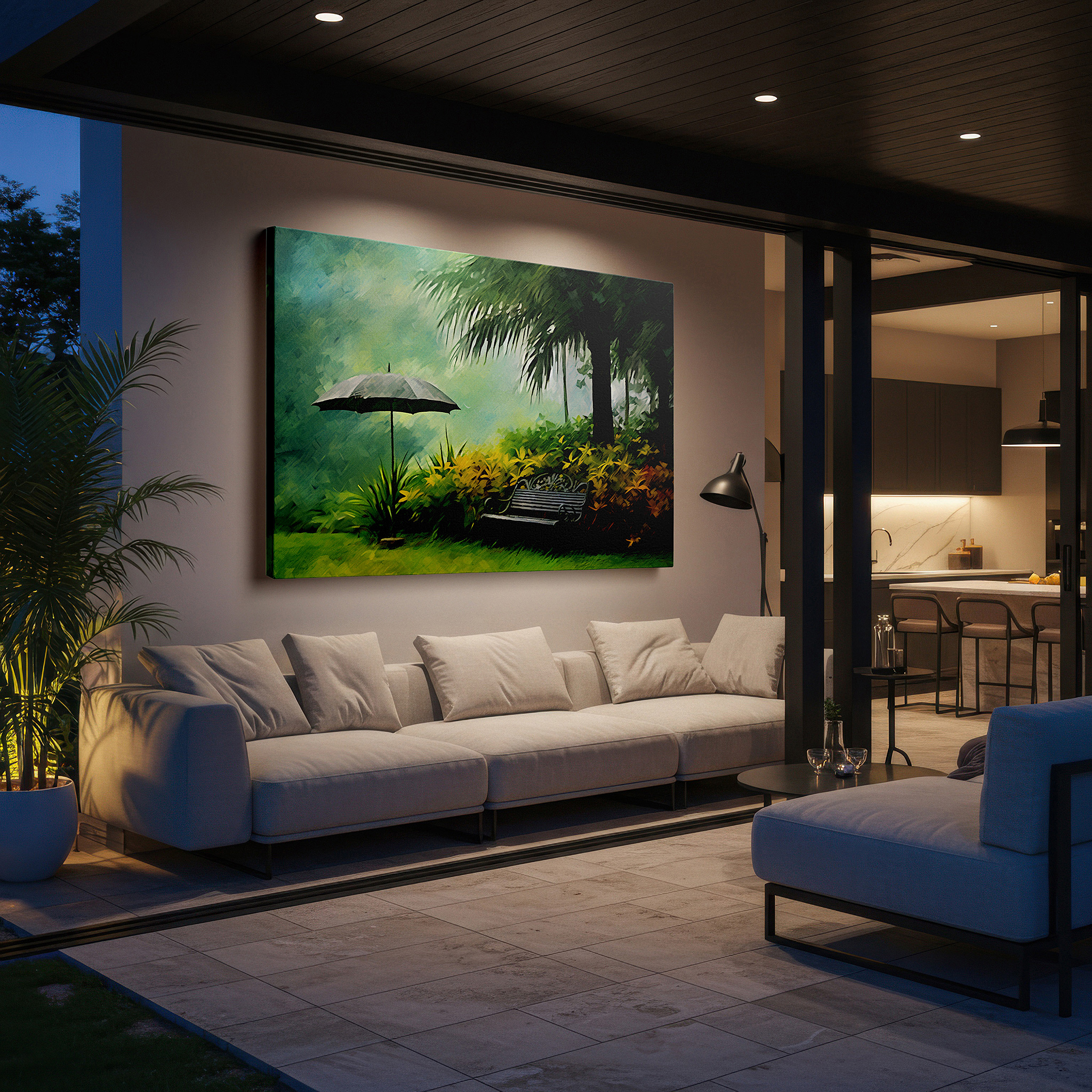 Bold and expansive at 90×60 cm — ideal for making a statement above large furniture — enchanting garden oasis featuring a hidden bench beneath a grey umbrella, a peaceful retreat surrounded by lush greenery and delicate flowers large wall art, canvas wall