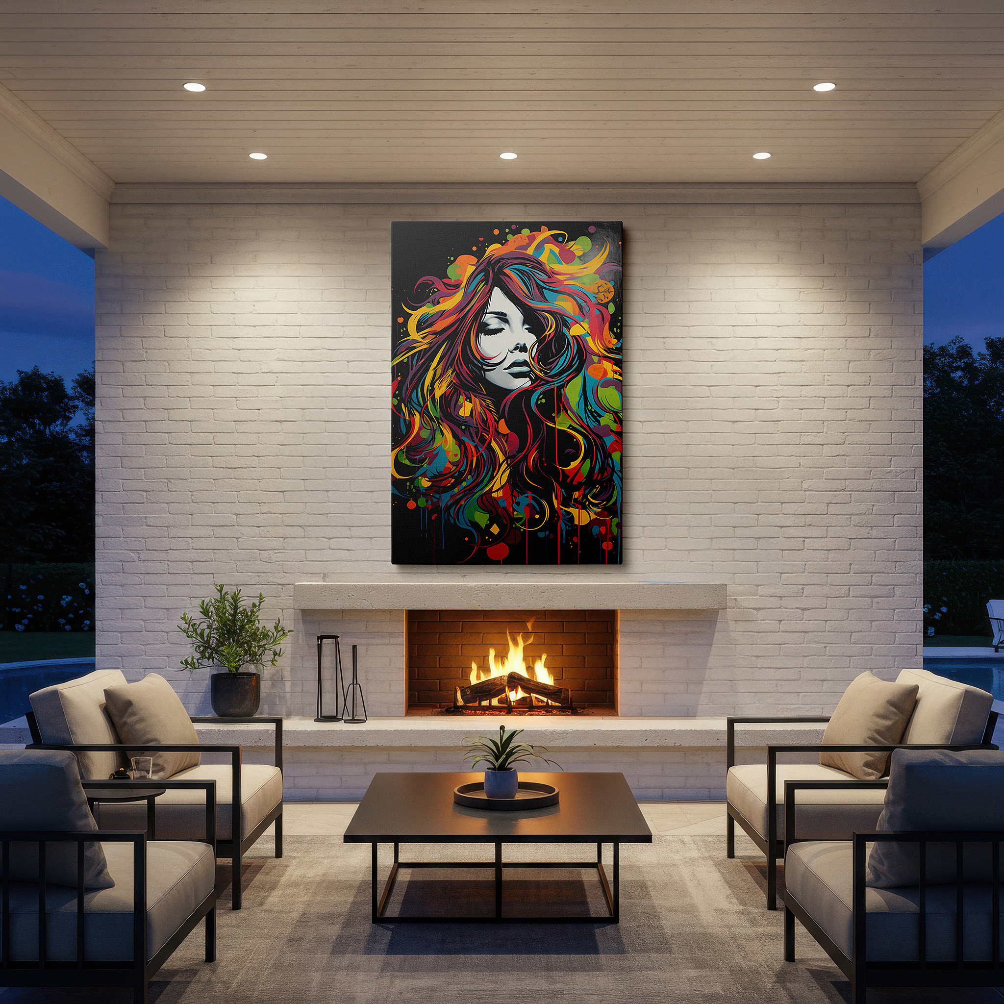 Bold and expansive at 90×60 cm — ideal for making a statement above large furniture — fiery thoughts and vivid reflections in a woman's serene gaze: large wall art for office, bedroom, and living spaces