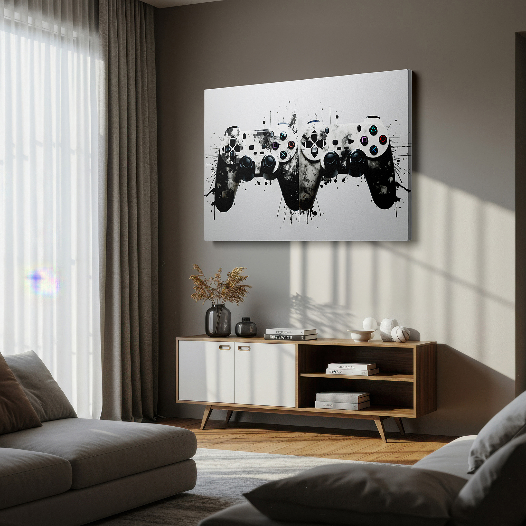 Bold and expansive at 90×60 cm — ideal for making a statement above large furniture — gaming controllers splatter-paint wall art: celebrating art and technology - large canvas for office decor