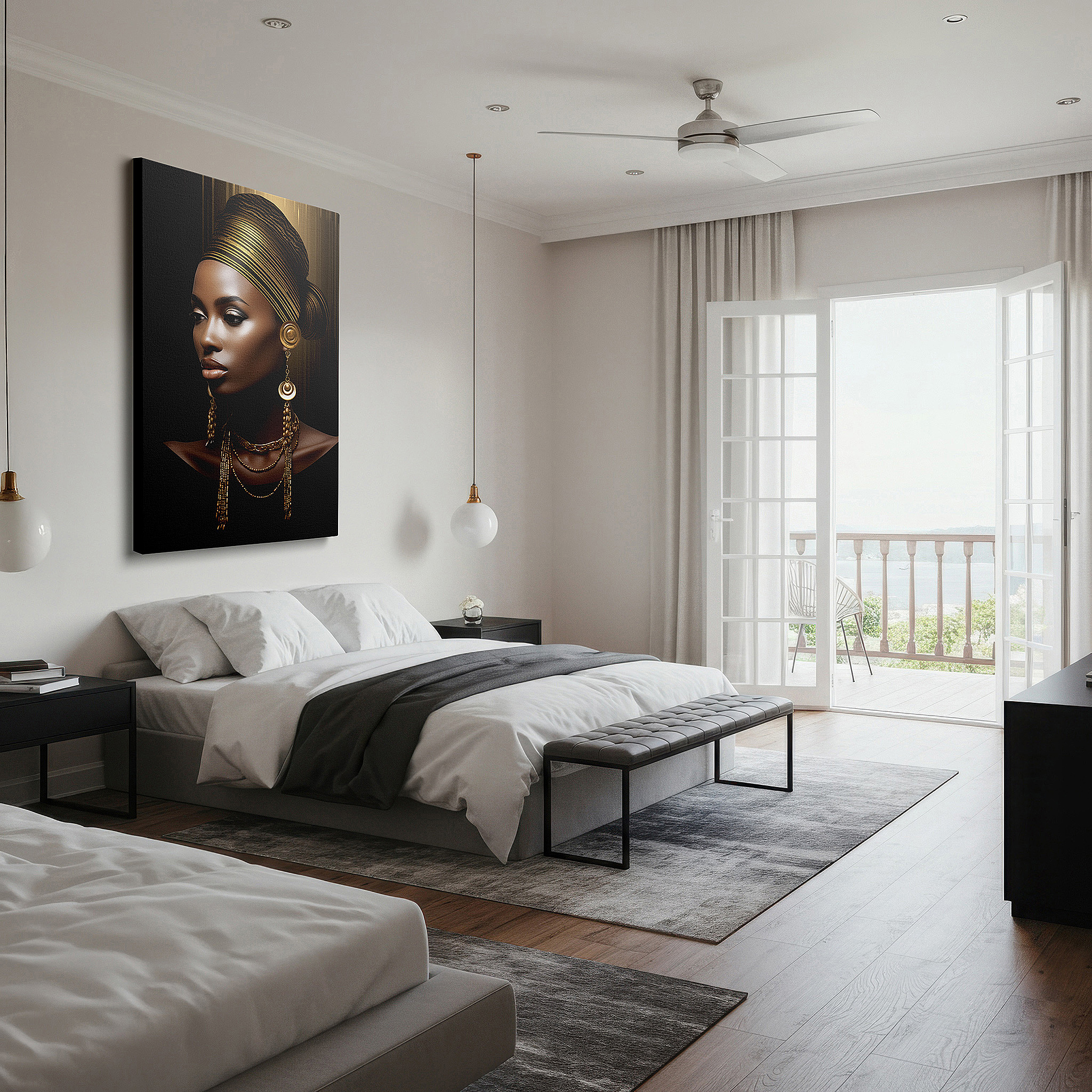 Bold and expansive at 90×60 cm — ideal for making a statement above large furniture — gold and shadows: timeless elegance, serene confidence, and luxurious contrast - large canvas wall art decor