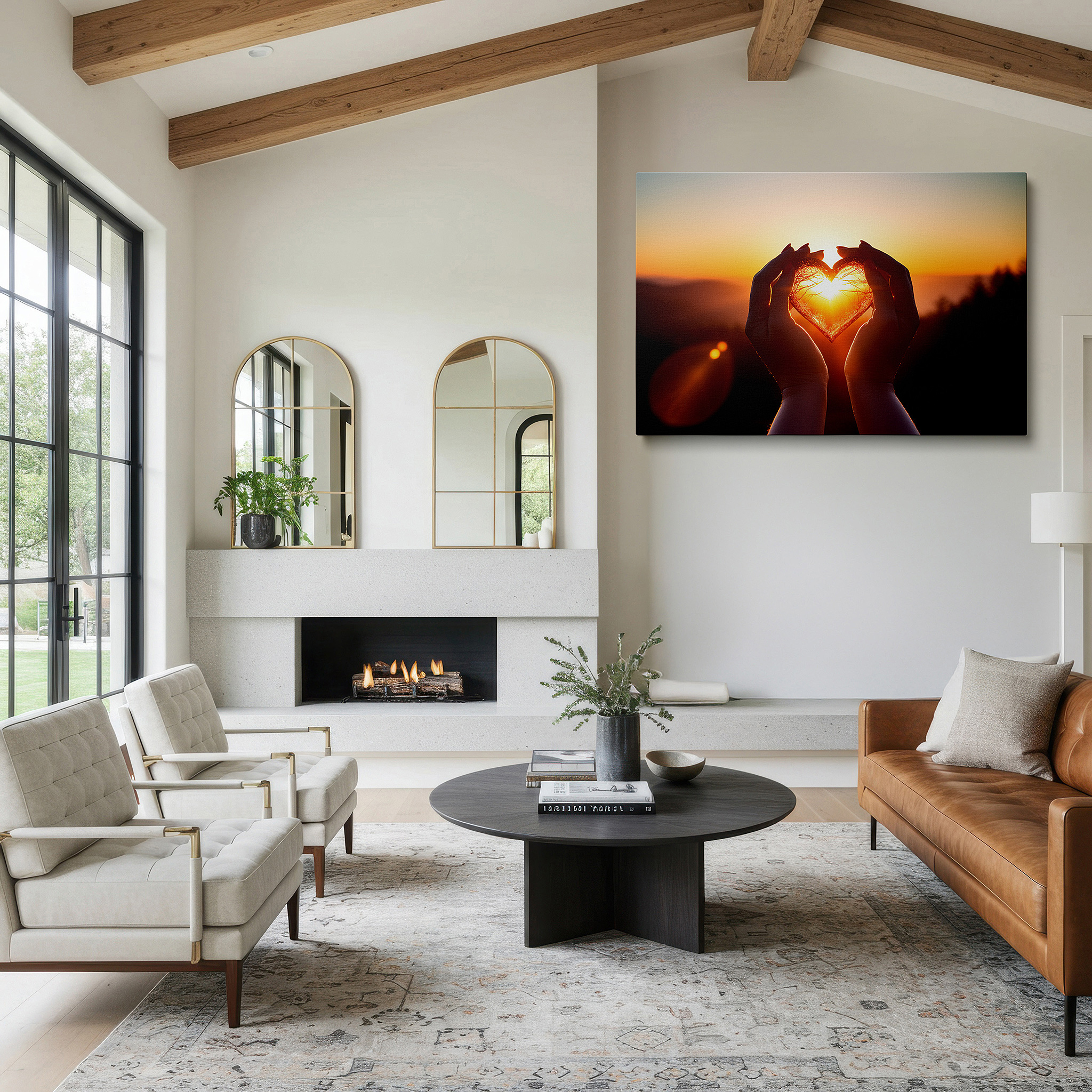 Bold and expansive at 90×60 cm — ideal for making a statement above large furniture — heart-shaped hands at sunset wall art, representing unity and love - ideal for office, living room, or bedroom decor