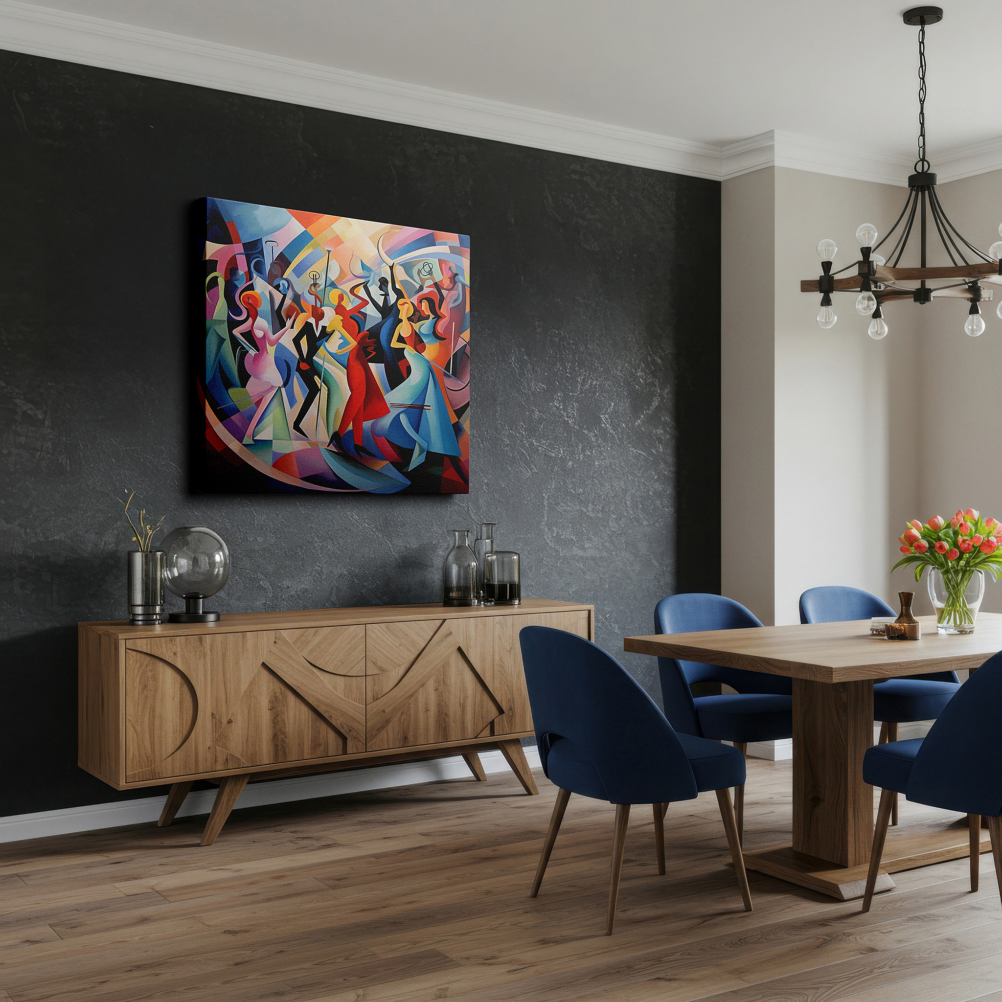 Bold and expansive at 90×60 cm — ideal for making a statement above large furniture — joyful abstract dance large canvas wall art in vibrant reds, blues, and whites for office and bedroom decor