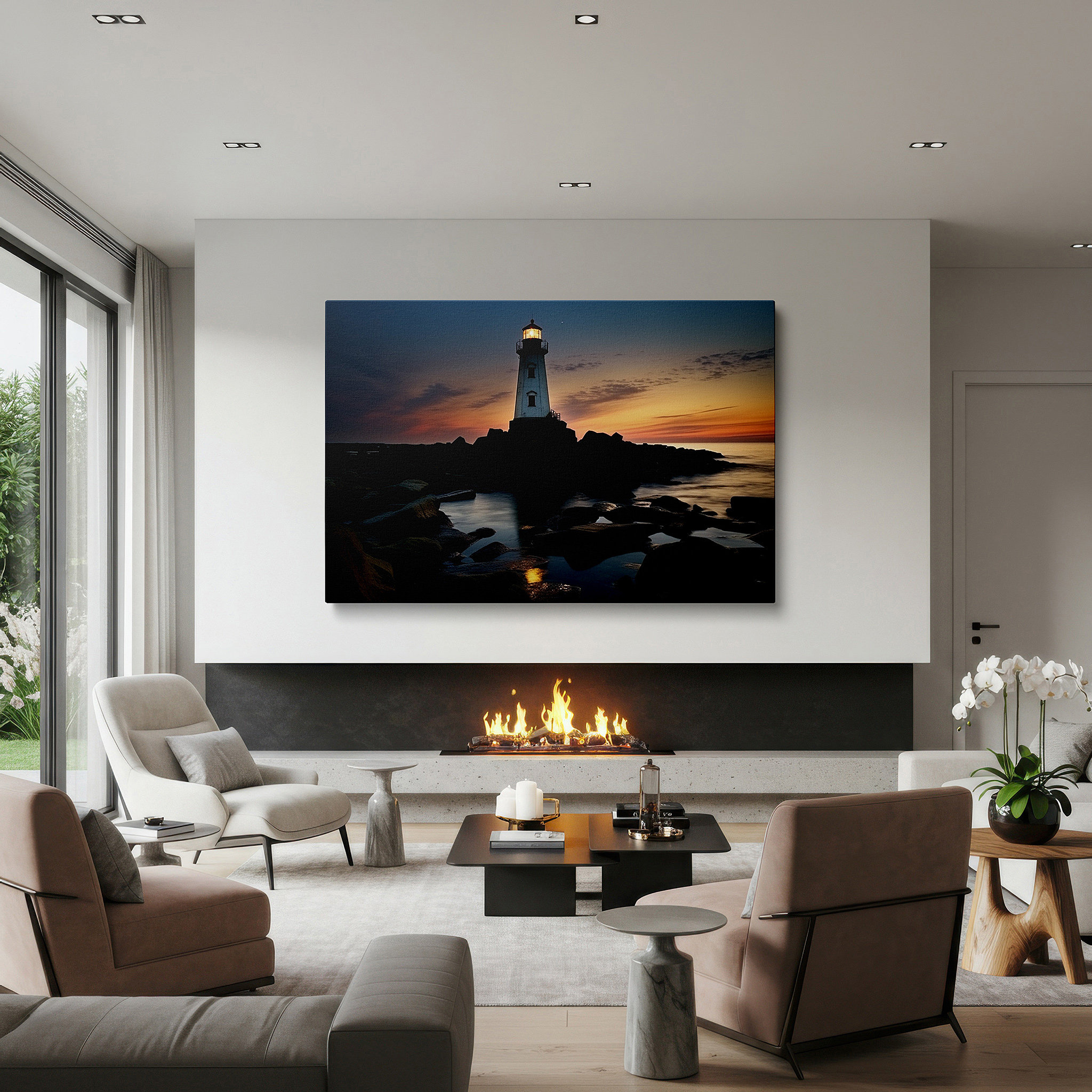 Bold and expansive at 90×60 cm — ideal for making a statement above large furniture — lighthouse beacon of hope wall art: fiery skies and tranquil seas - large canvas for home and office decor, perfect for living room and bedroom
