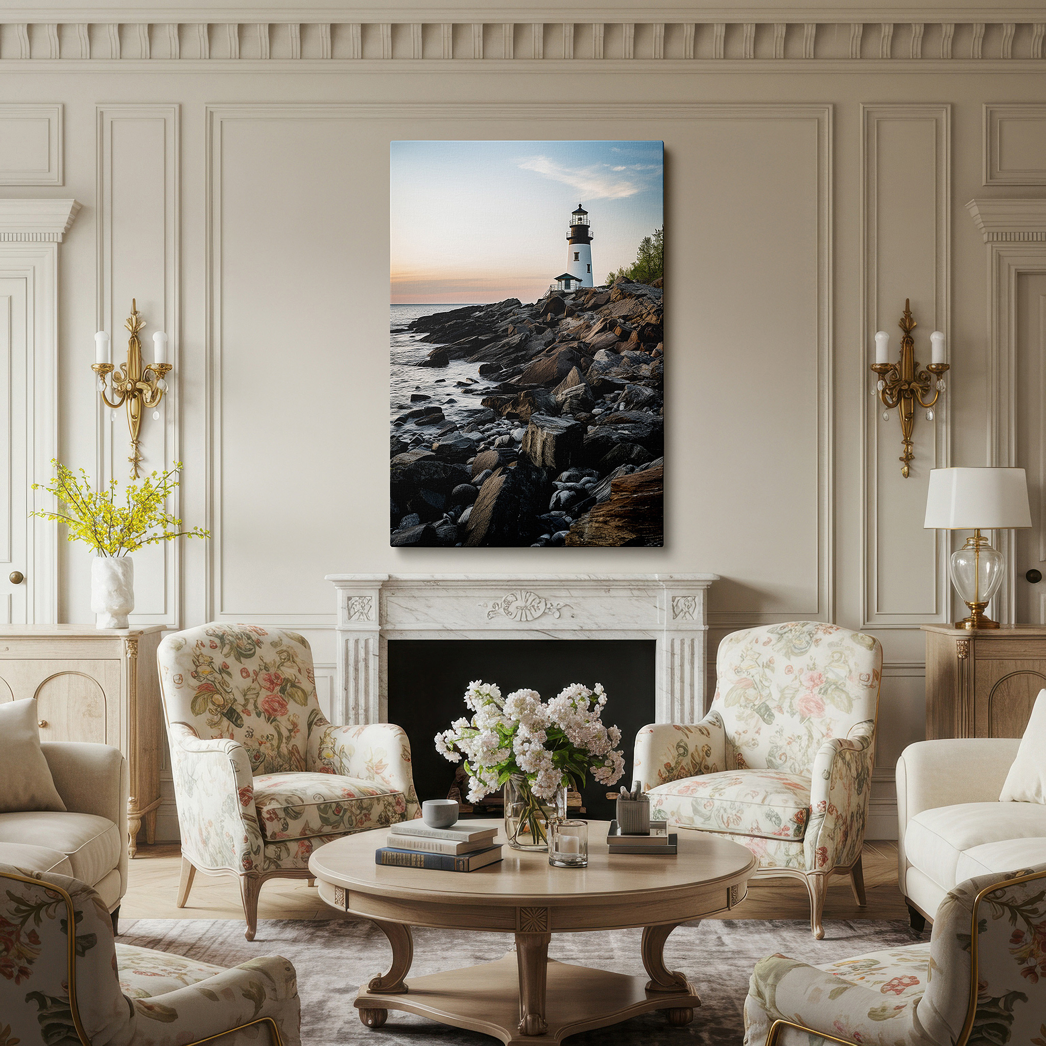 Bold and expansive at 90×60 cm — ideal for making a statement above large furniture — lighthouse at sunset wall art: majestic beacon against tranquil coastal hues - large canvas for home and office decor