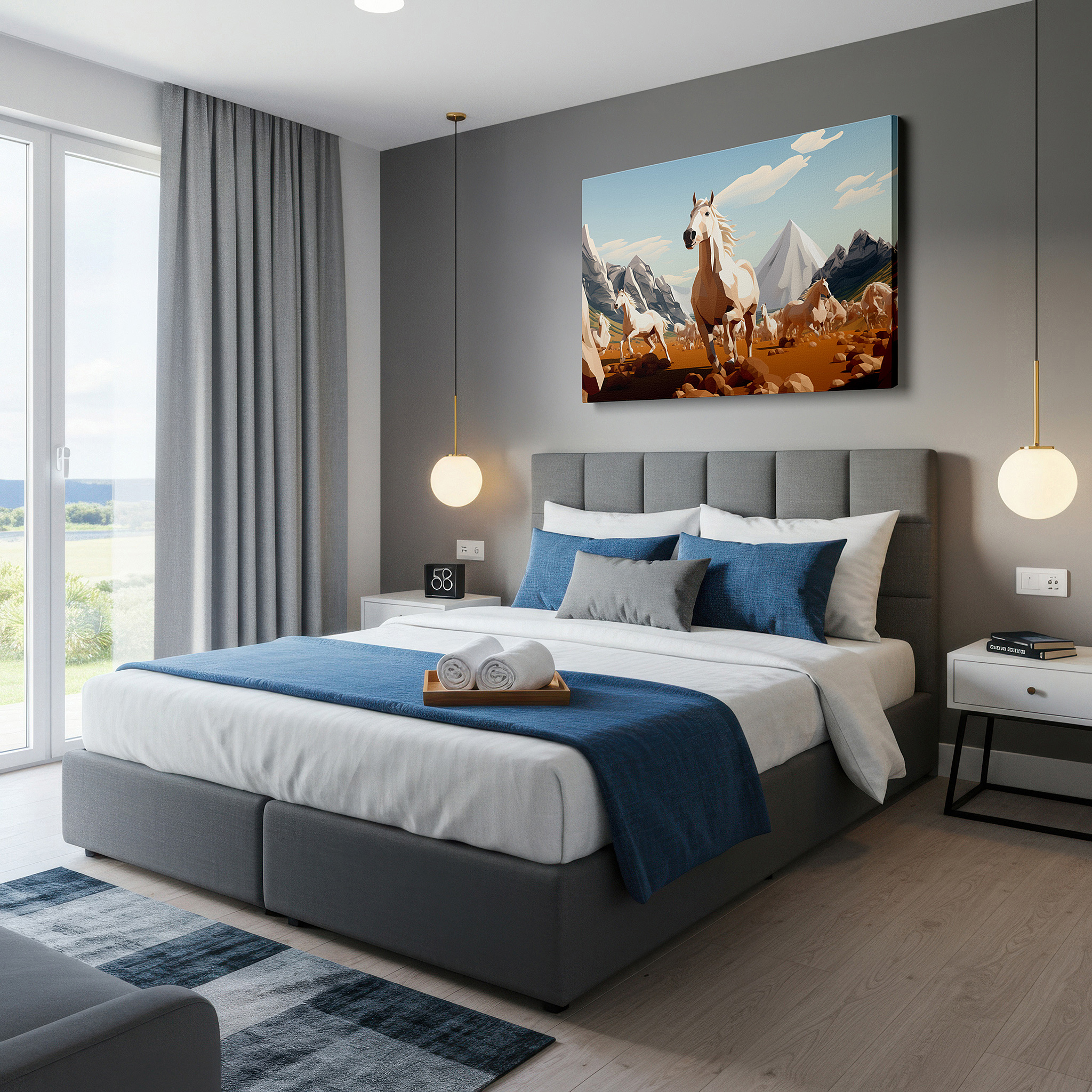 Bold and expansive at 90×60 cm — ideal for making a statement above large furniture — low-poly style herd of horses in motion with snow-capped mountains background, large canvas wall art for office and bedroom decor