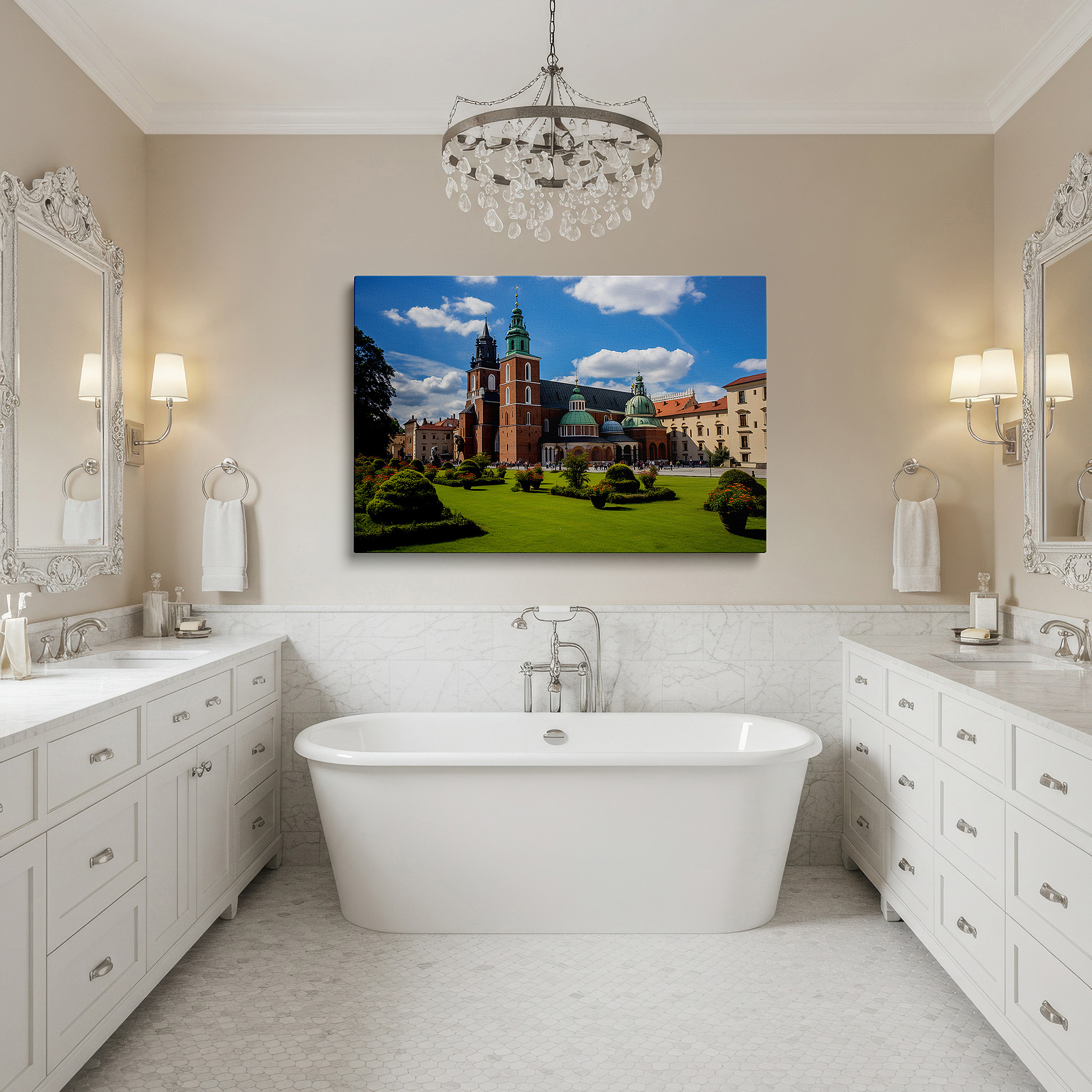 Bold and expansive at 90×60 cm — ideal for making a statement above large furniture — majestic cathedral surrounded by lush gardens beneath a tranquil blue sky large wall art, canvas wall art, wall decor for office and bedroom