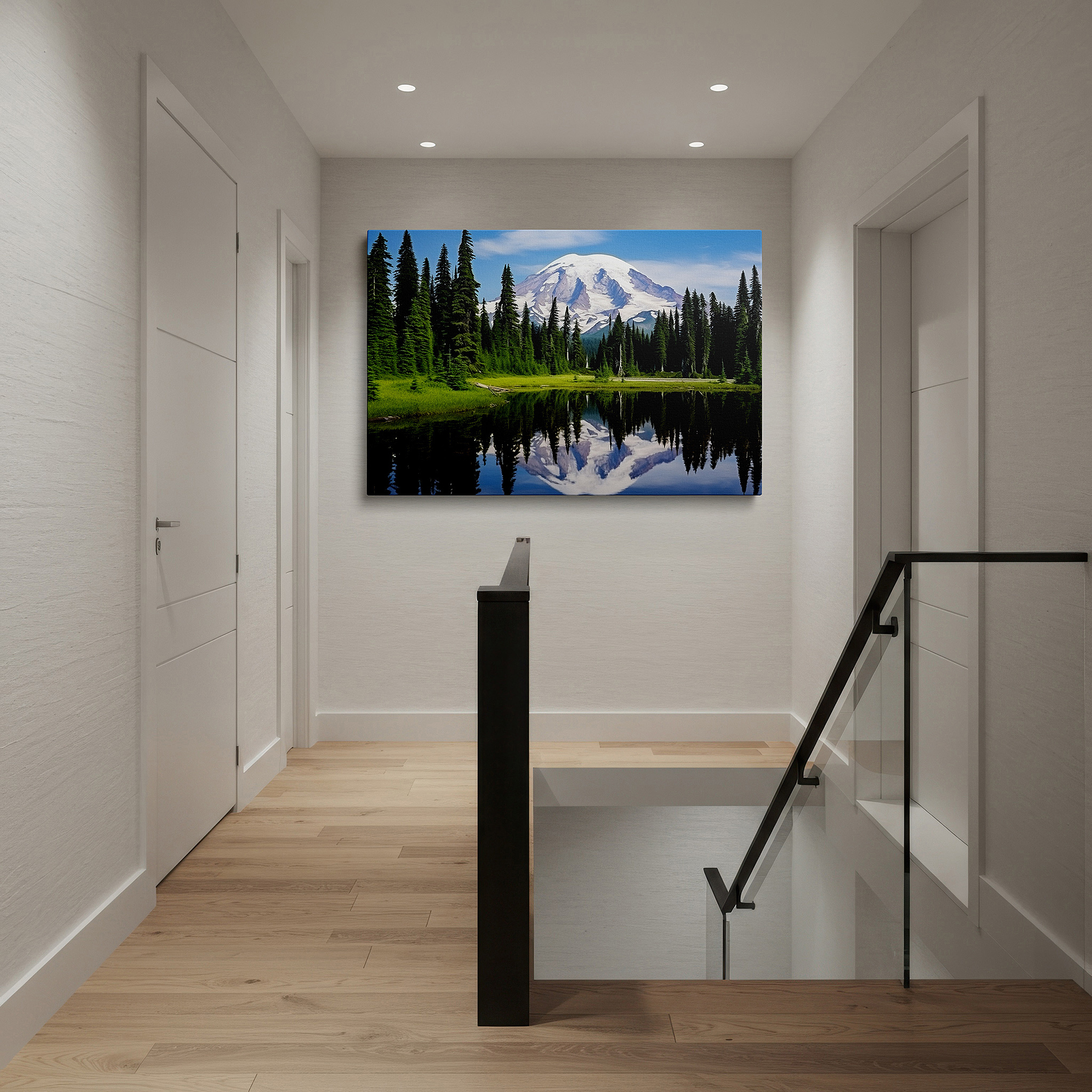 Bold and expansive at 90×60 cm — ideal for making a statement above large furniture — majestic mountain and serene lake reflection surrounded by lush evergreens - large canvas wall art for office and bedroom decor