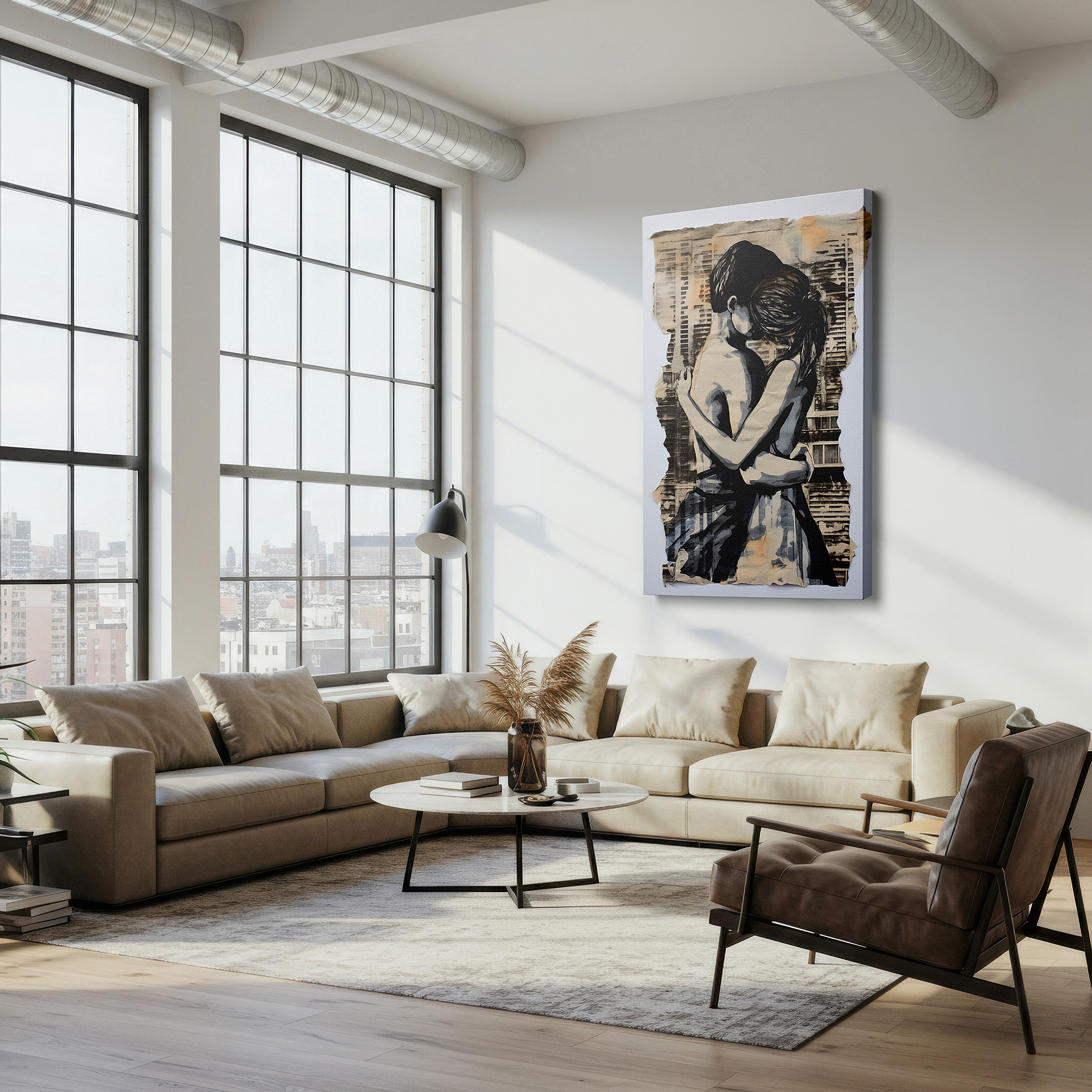 Bold and expansive at 90×60 cm — ideal for making a statement above large furniture — monochrome intimate embrace, timeless urban love story large wall art, canvas wall art, wall decor for office, bedroom, and living room