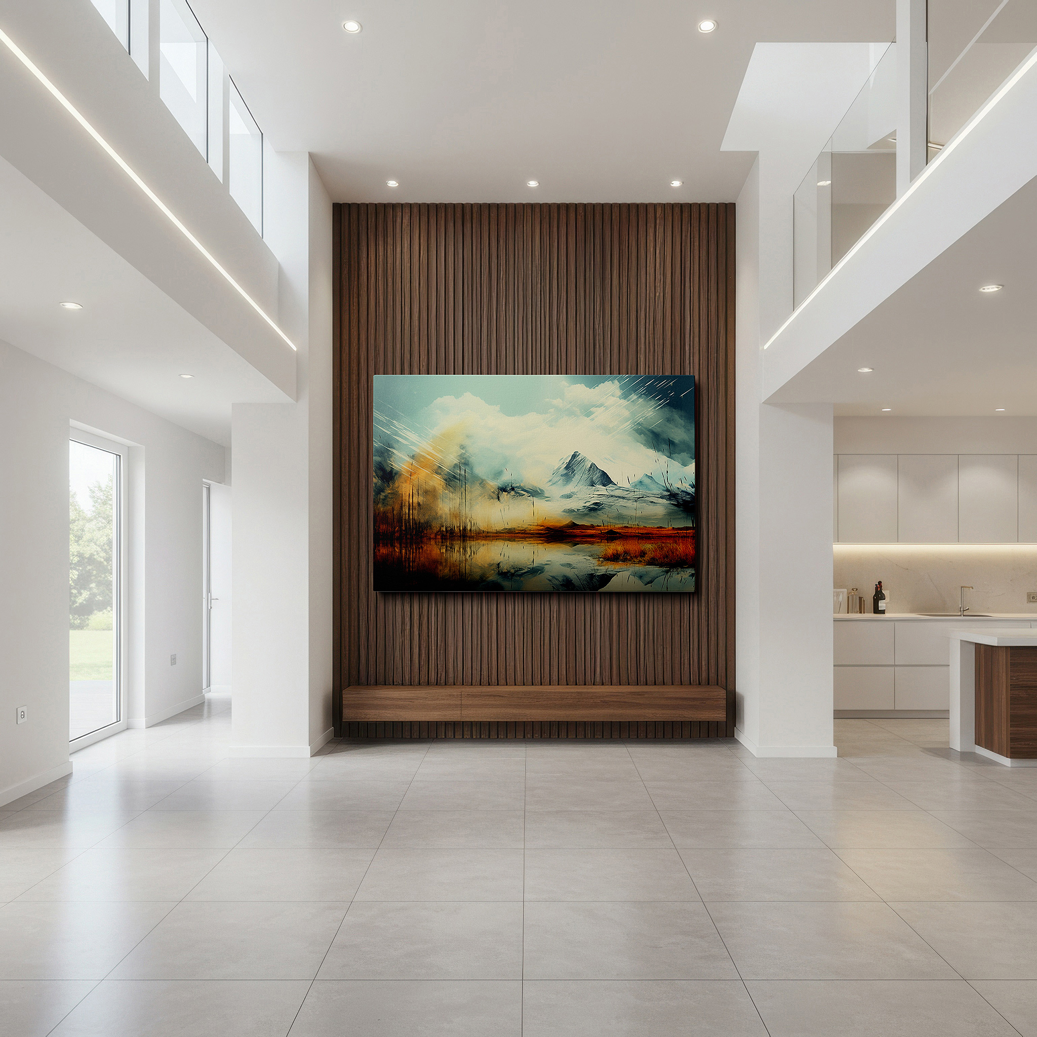 Bold and expansive at 90×60 cm — ideal for making a statement above large furniture — mountain reflections and vibrant foliage wall art: large canvas for home and office decor