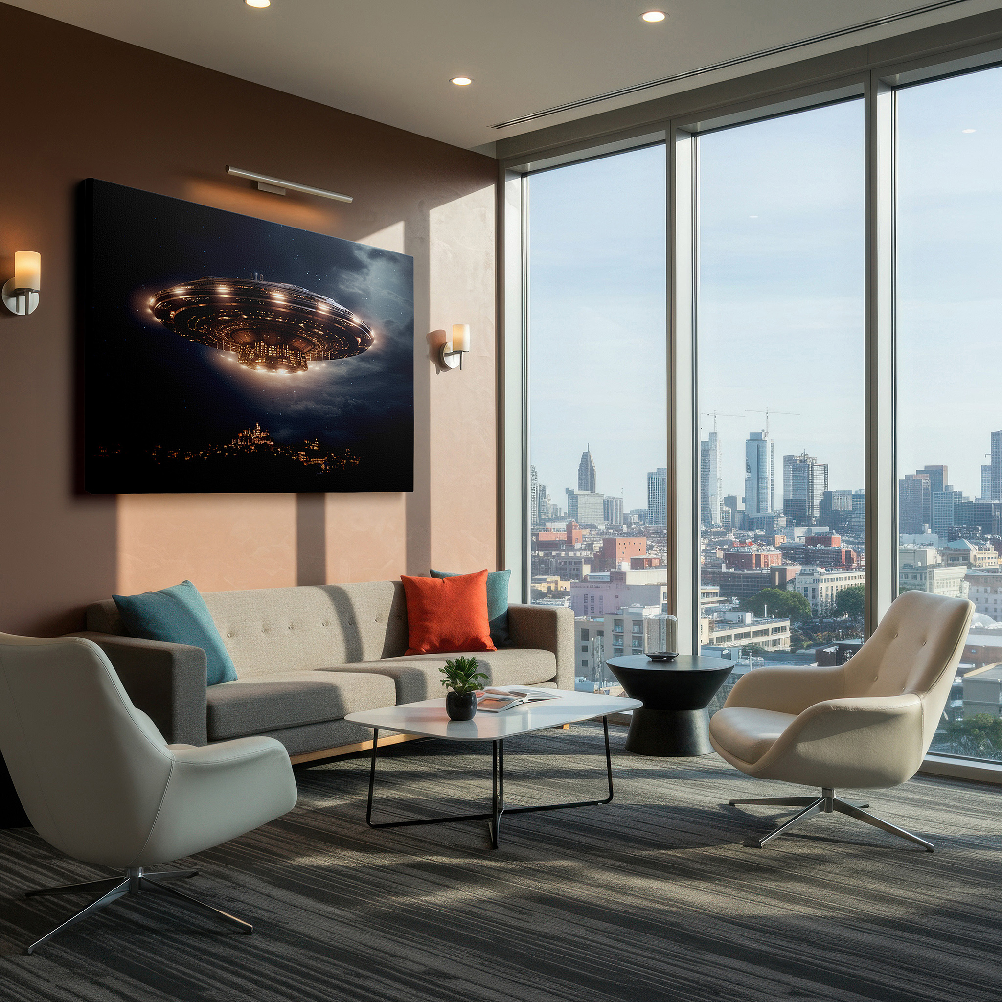 Bold and expansive at 90×60 cm — ideal for making a statement above large furniture — mysterious ufo hovers above city surrounded by mountains, emitting a magical radiance - large wall art, canvas wall art, wall decor for office and bedroom