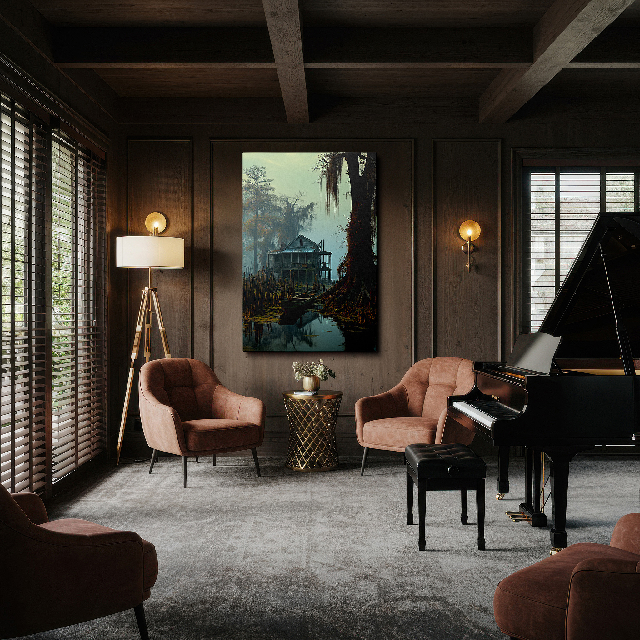 Bold and expansive at 90×60 cm — ideal for making a statement above large furniture — mystical dawn in the swamp: ethereal fog and ancient cypress trees - large wall art, canvas wall art, wall decor for office and bedroom