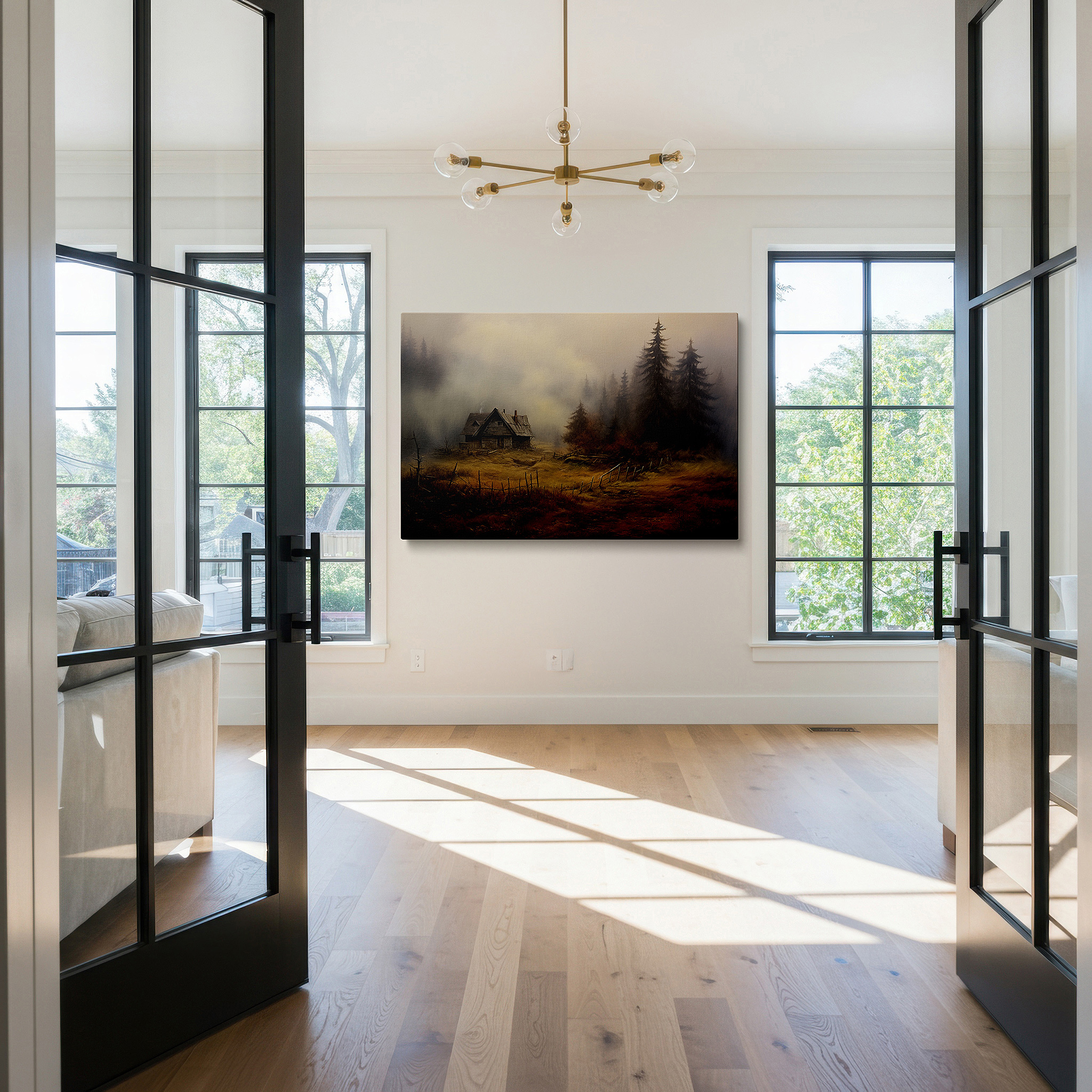 Bold and expansive at 90×60 cm — ideal for making a statement above large furniture — mystical dwelling surrounded by mist and woods: a timeless tale of nature's reclamation - large wall art, canvas wall art, wall decor for office