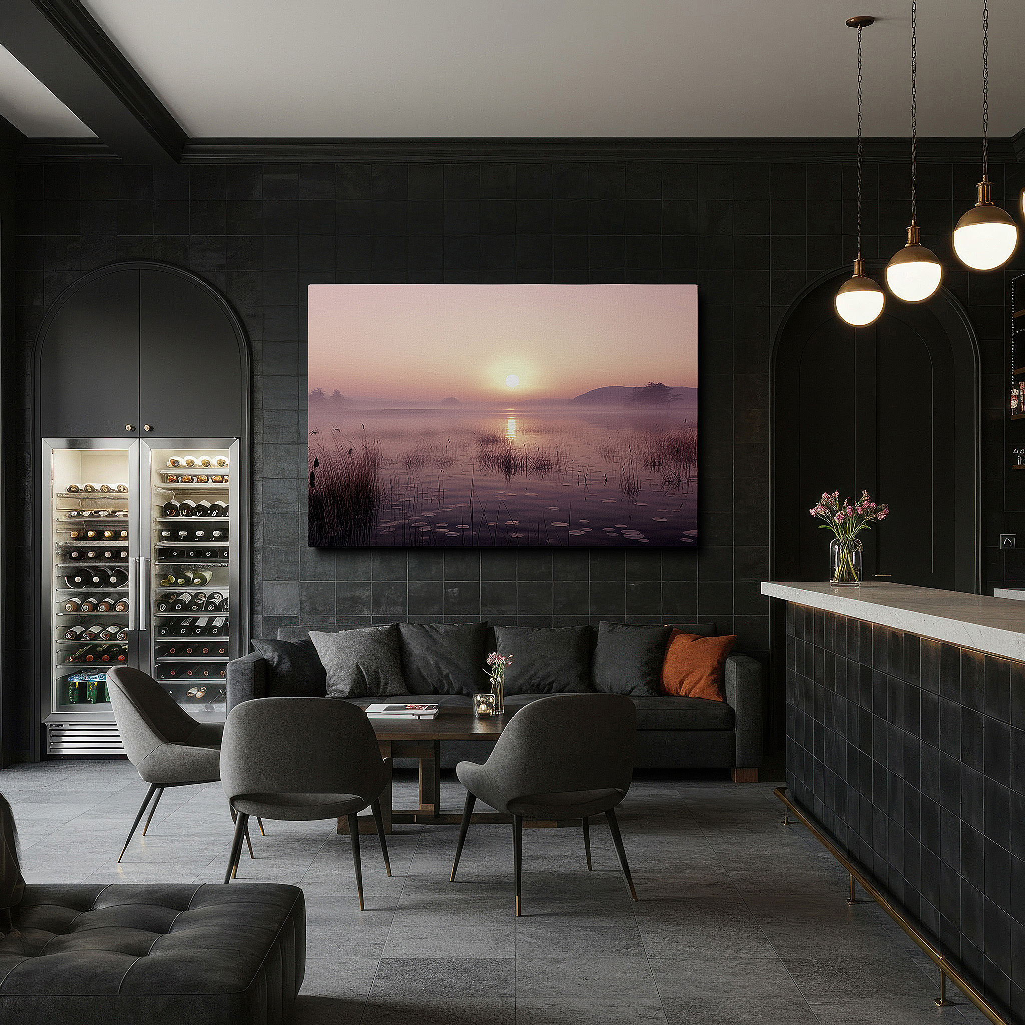 Bold and expansive at 90×60 cm — ideal for making a statement above large furniture — mystical sunrise over a tranquil lake - serene landscape wall art for peaceful reflection, large canvas wall decor for office