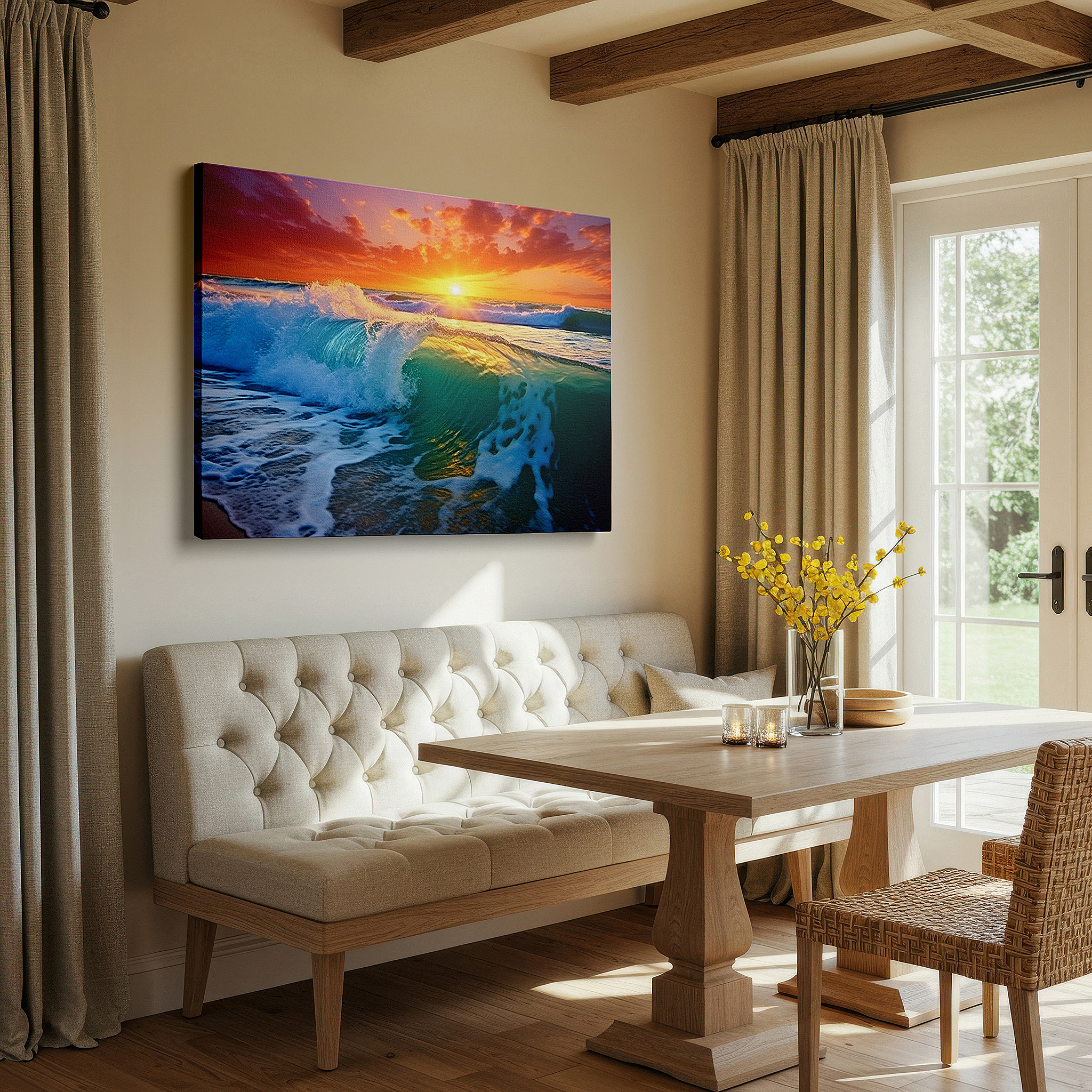 Bold and expansive at 90×60 cm — ideal for making a statement above large furniture — ocean's majesty: waves dancing in sunset light - large canvas wall art for office, bedroom, and living room decor