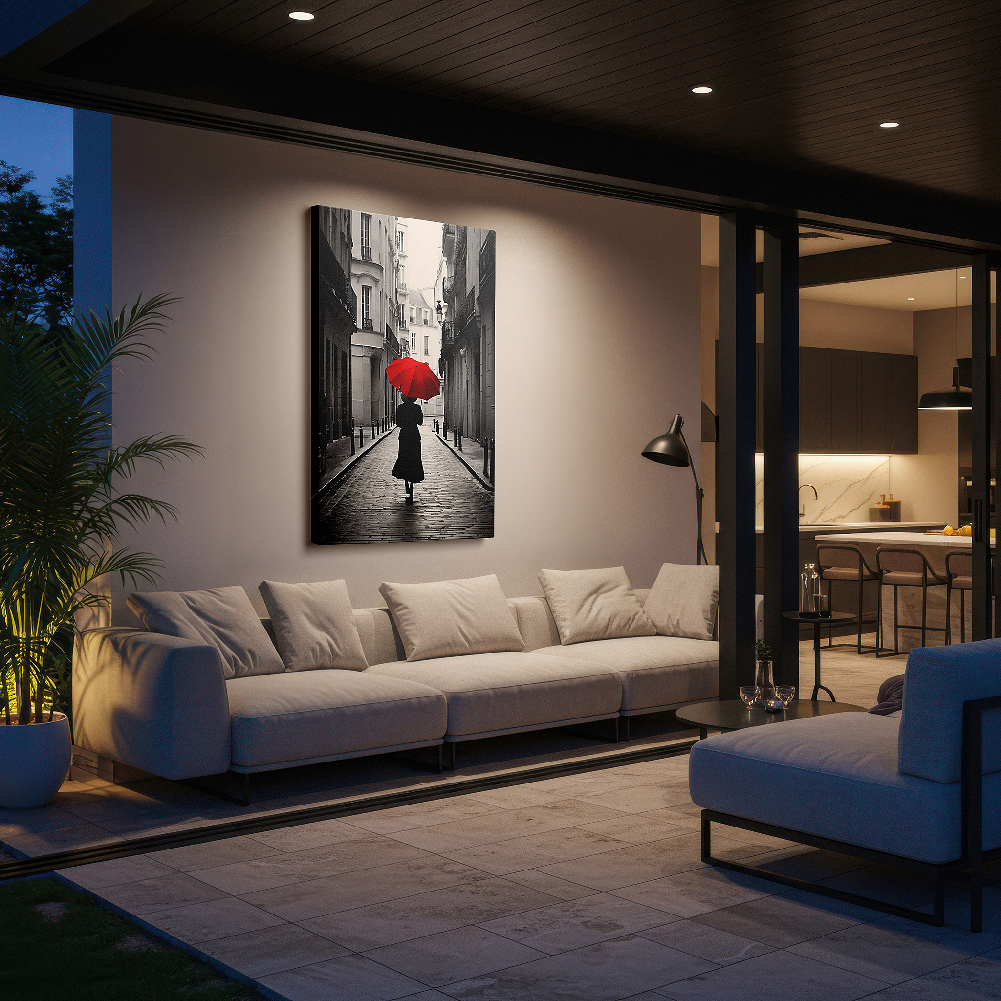 Bold and expansive at 90×60 cm — ideal for making a statement above large furniture — red umbrella on a parisian street large canvas wall art, ideal for office, bedroom, and living room decor