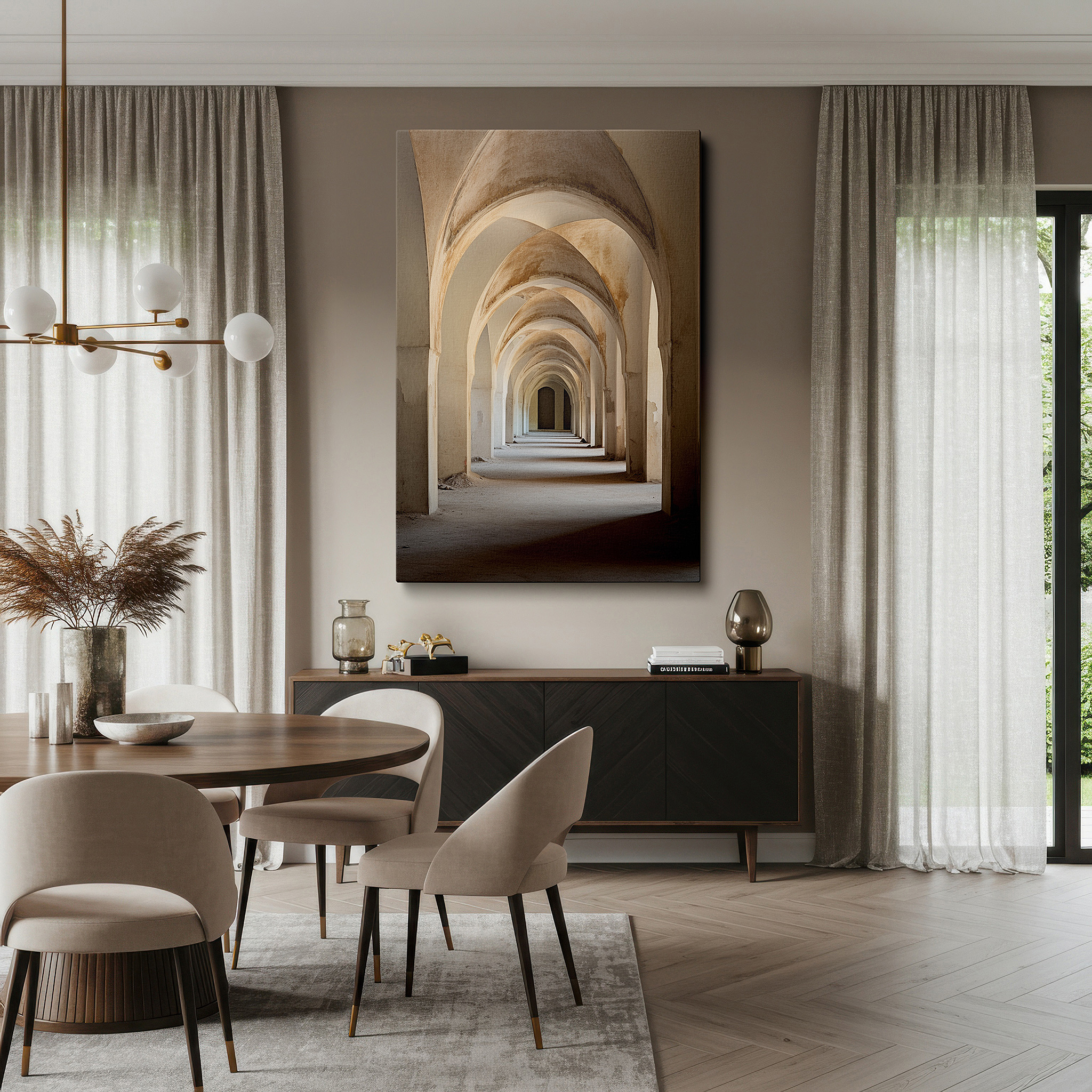 Bold and expansive at 90×60 cm — ideal for making a statement above large furniture — serene arches and cobblestones: a timeless journey in muted earth tones - large canvas wall art for office and bedroom decor