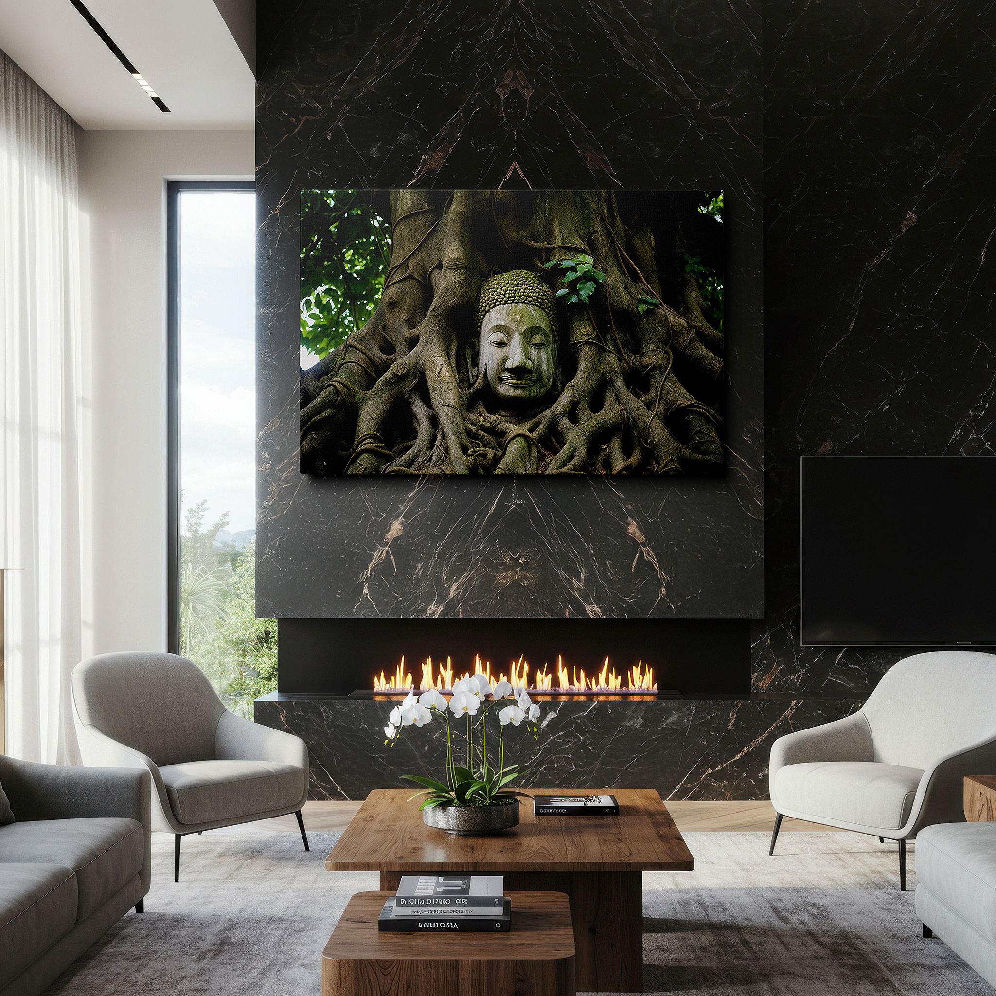 Bold and expansive at 90×60 cm — ideal for making a statement above large furniture — serene buddha amidst ancient roots - tranquility and wisdom themed large wall art, canvas wall art, wall decor for office and bedroom