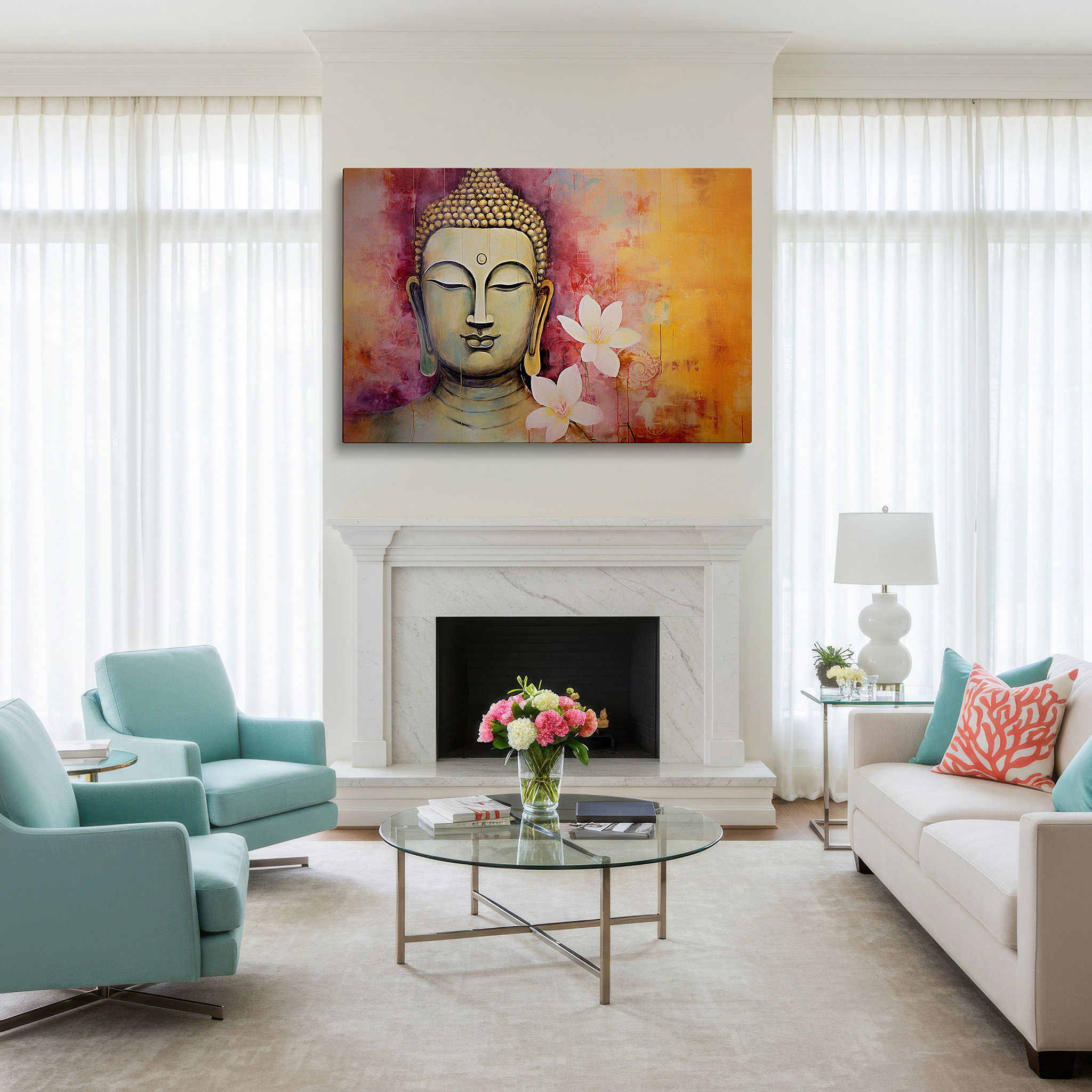 Bold and expansive at 90×60 cm — ideal for making a statement above large furniture — serene buddha wall art for living room: a symbolic masterpiece of tranquility - large canvas wall decor ideal for office spaces