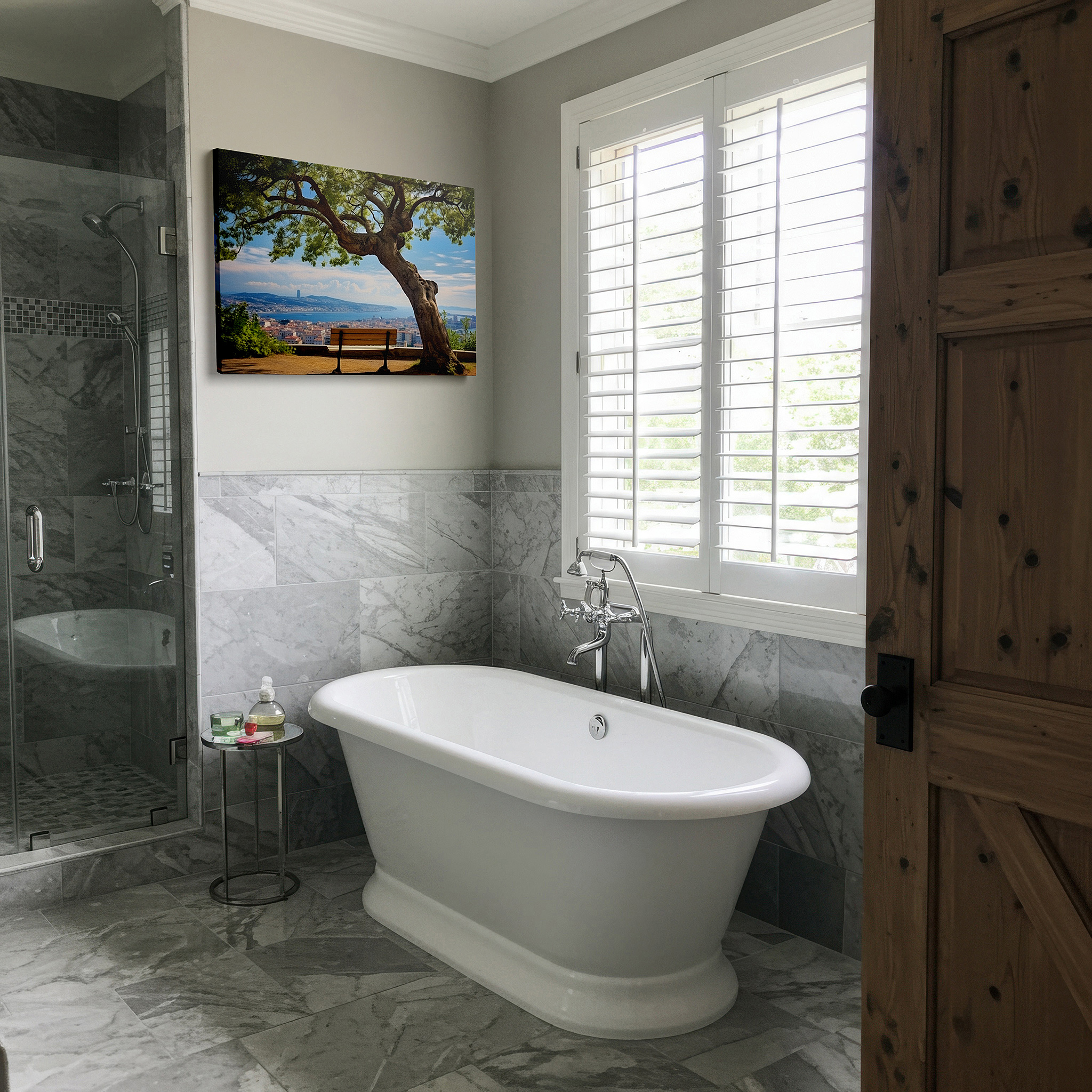 Bold and expansive at 90×60 cm — ideal for making a statement above large furniture — serene cityscape and nature fusion: tranquil bench under a grand tree large canvas wall art, perfect for office and home decor