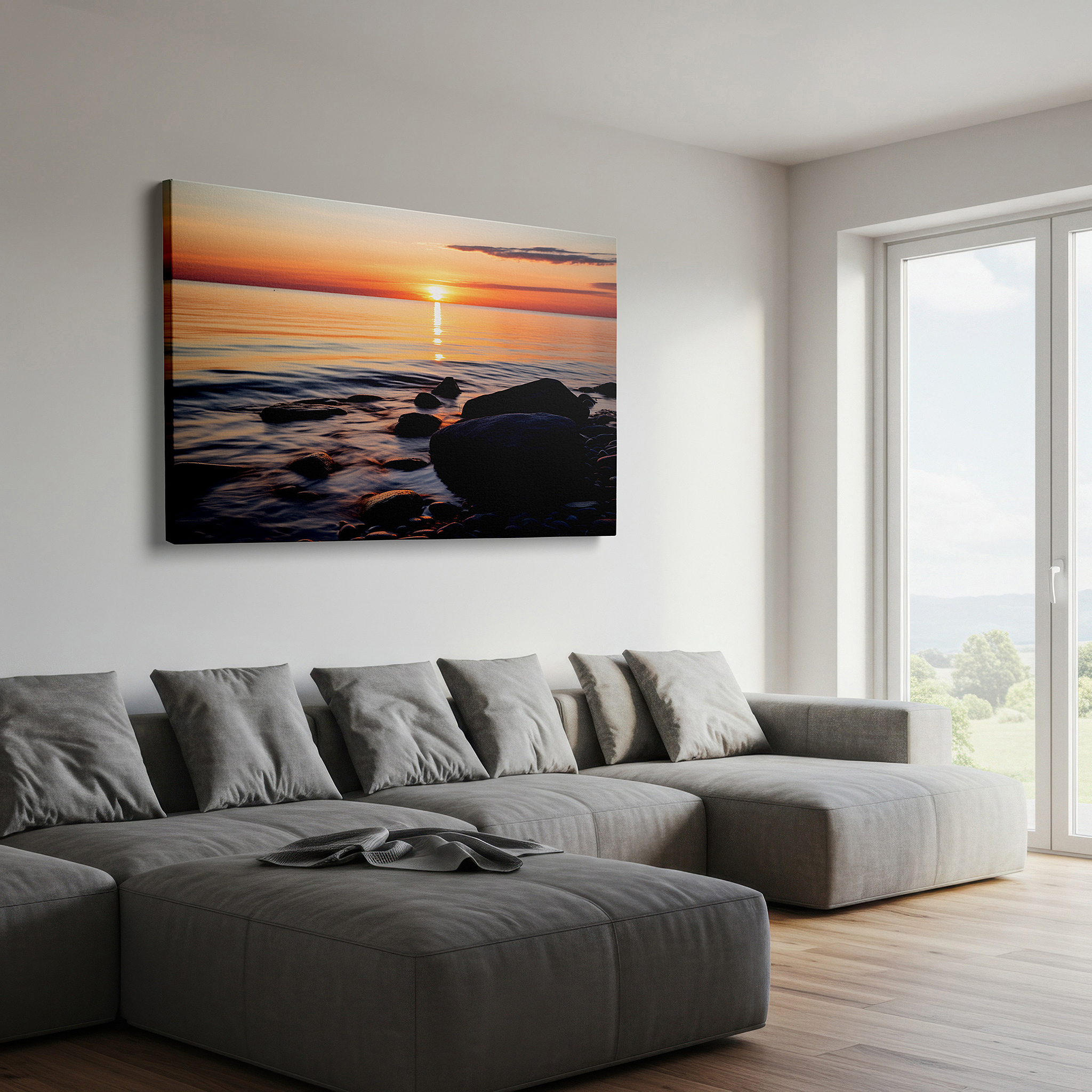 Bold and expansive at 90×60 cm — ideal for making a statement above large furniture — serene evening by the sea - tranquil sunset and pebbled shoreline large wall art, canvas decor for office and bedroom