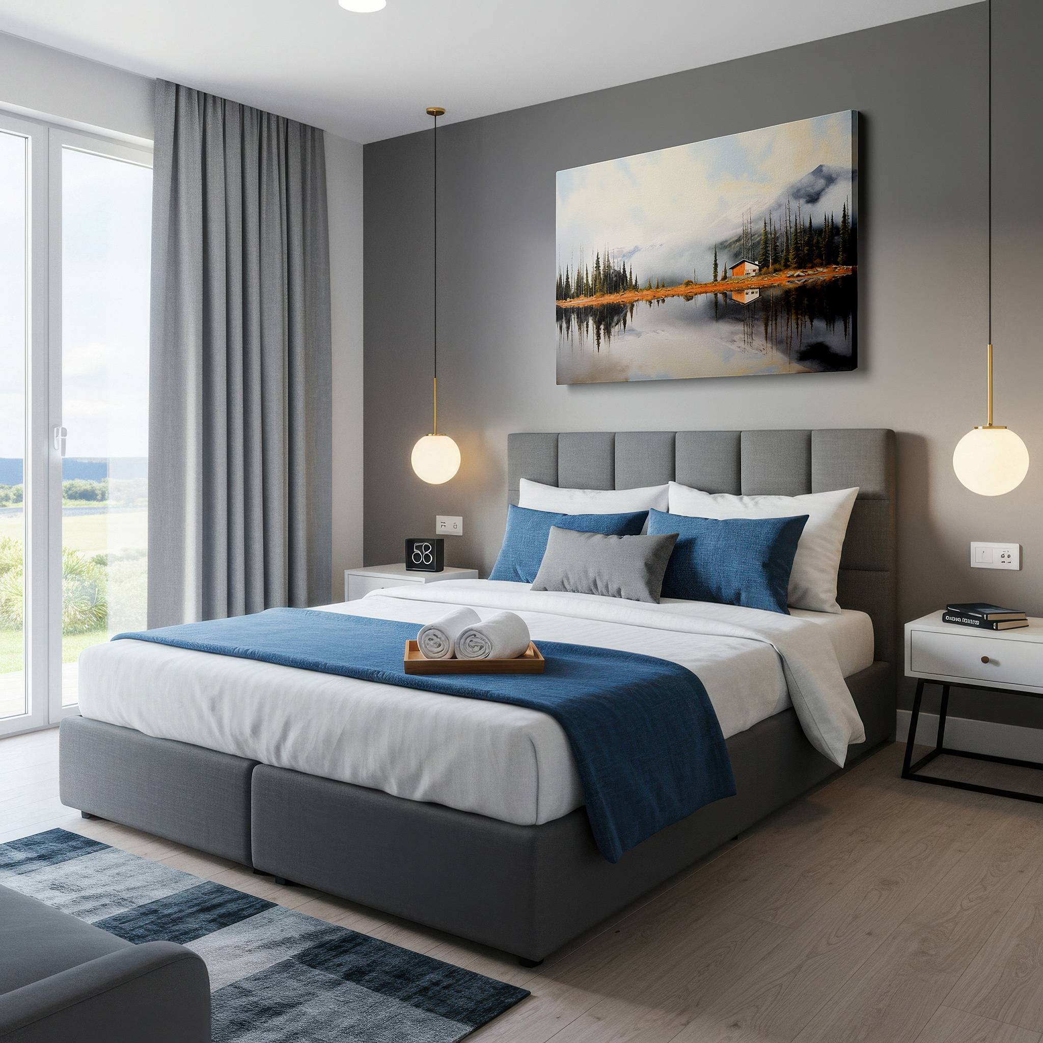 Bold and expansive at 90×60 cm — ideal for making a statement above large furniture — serene morning by the lake, surrounded by majestic pines and mist, large canvas wall art for home and office decor