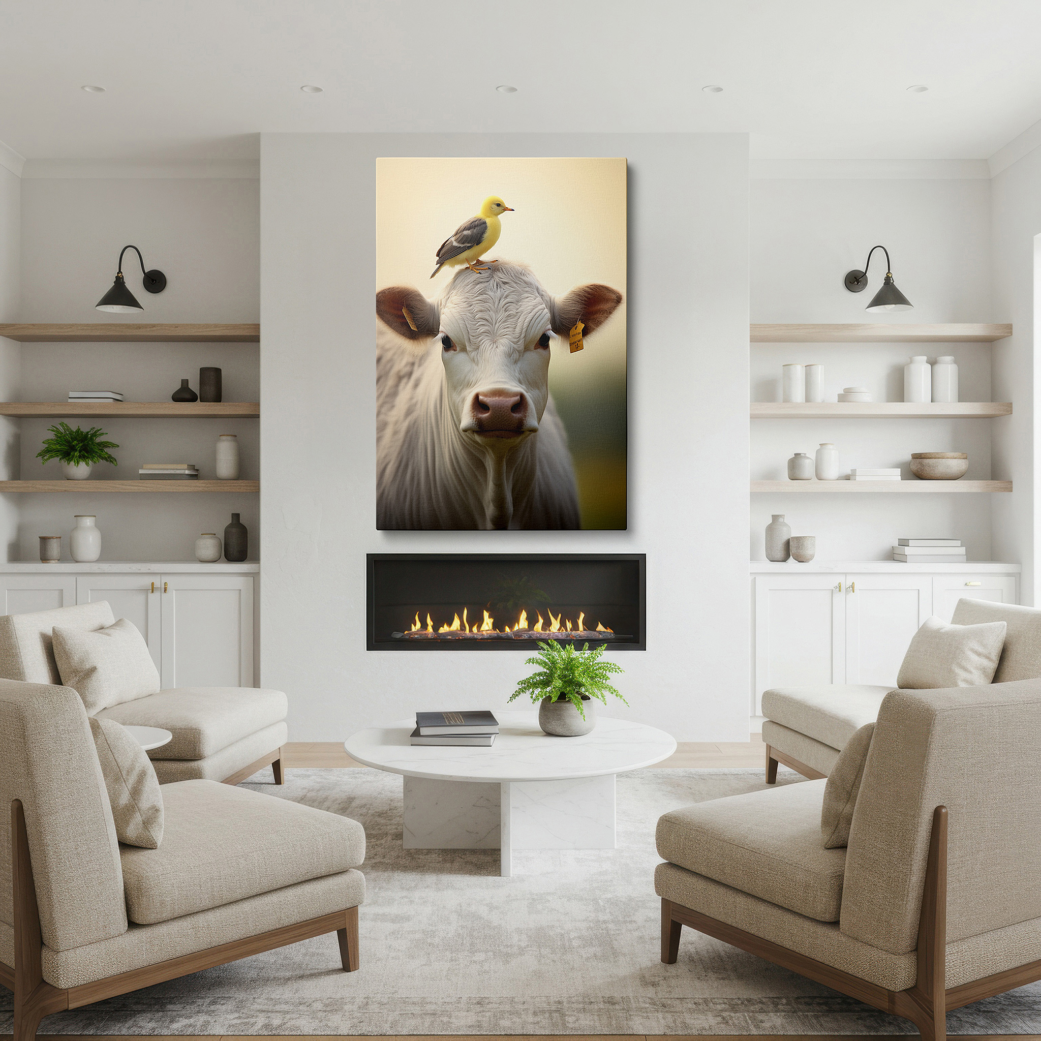 Bold and expansive at 90×60 cm — ideal for making a statement above large furniture — serene rural life wall art featuring a gentle cow and playful yellow duck - large canvas for office, bedroom, or living room decor