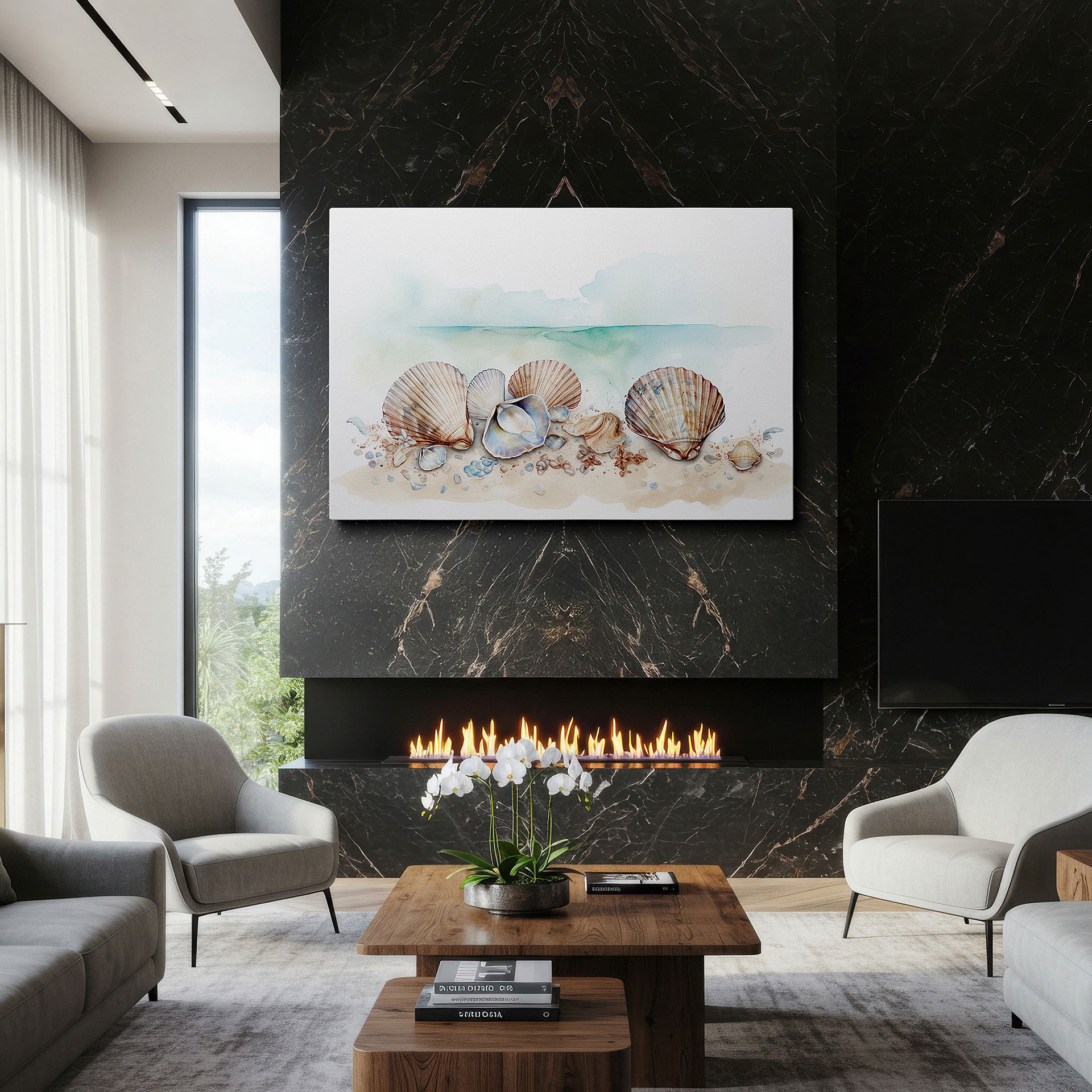 Bold and expansive at 90×60 cm — ideal for making a statement above large furniture — serene seashells on sandy beach - tranquil watercolor masterpiece large wall art, canvas wall art, wall decor for office and bedroom