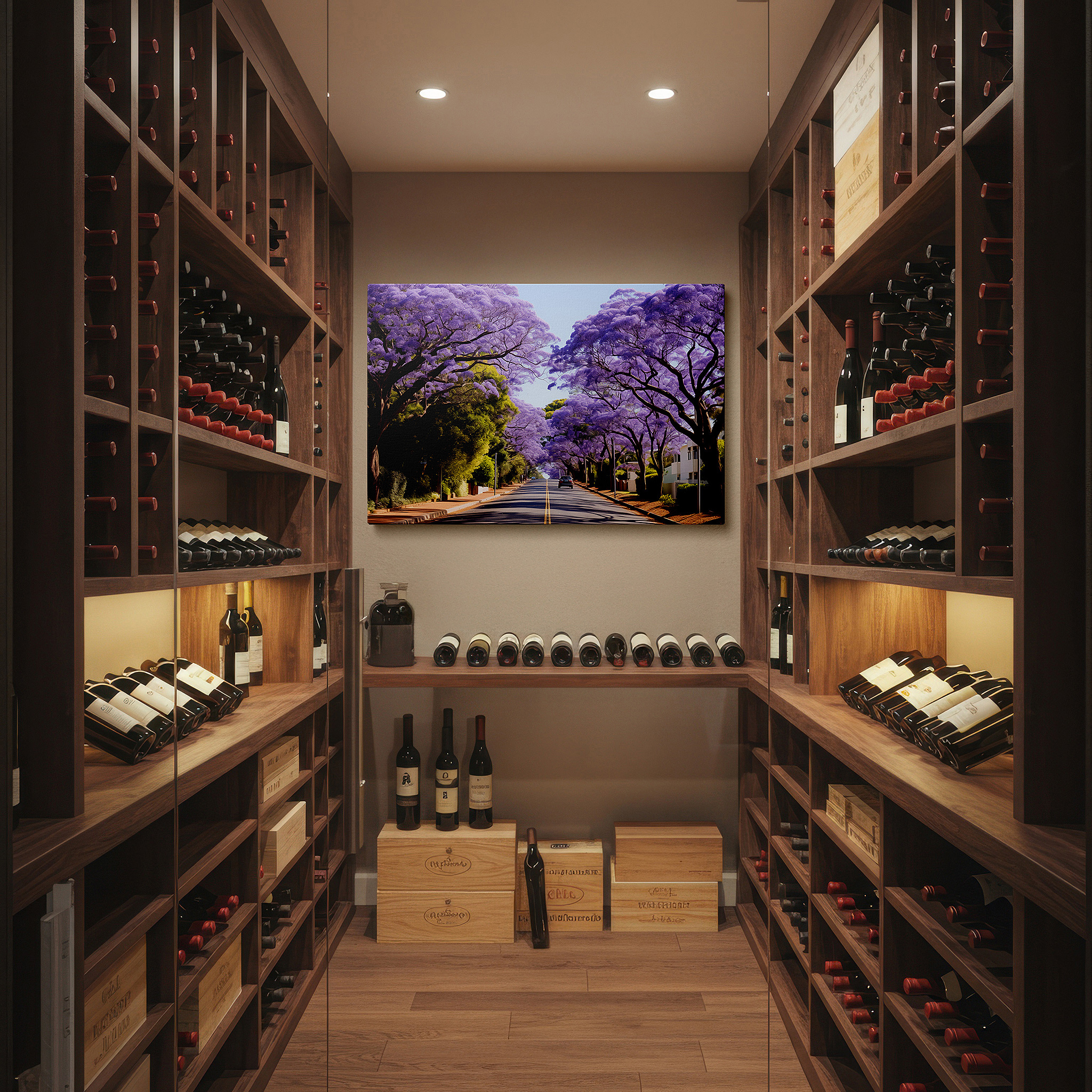 Bold and expansive at 90×60 cm — ideal for making a statement above large furniture — serene street adorned with majestic jacaranda trees in bloom, featuring vibrant purple and lush greenery, large canvas wall art